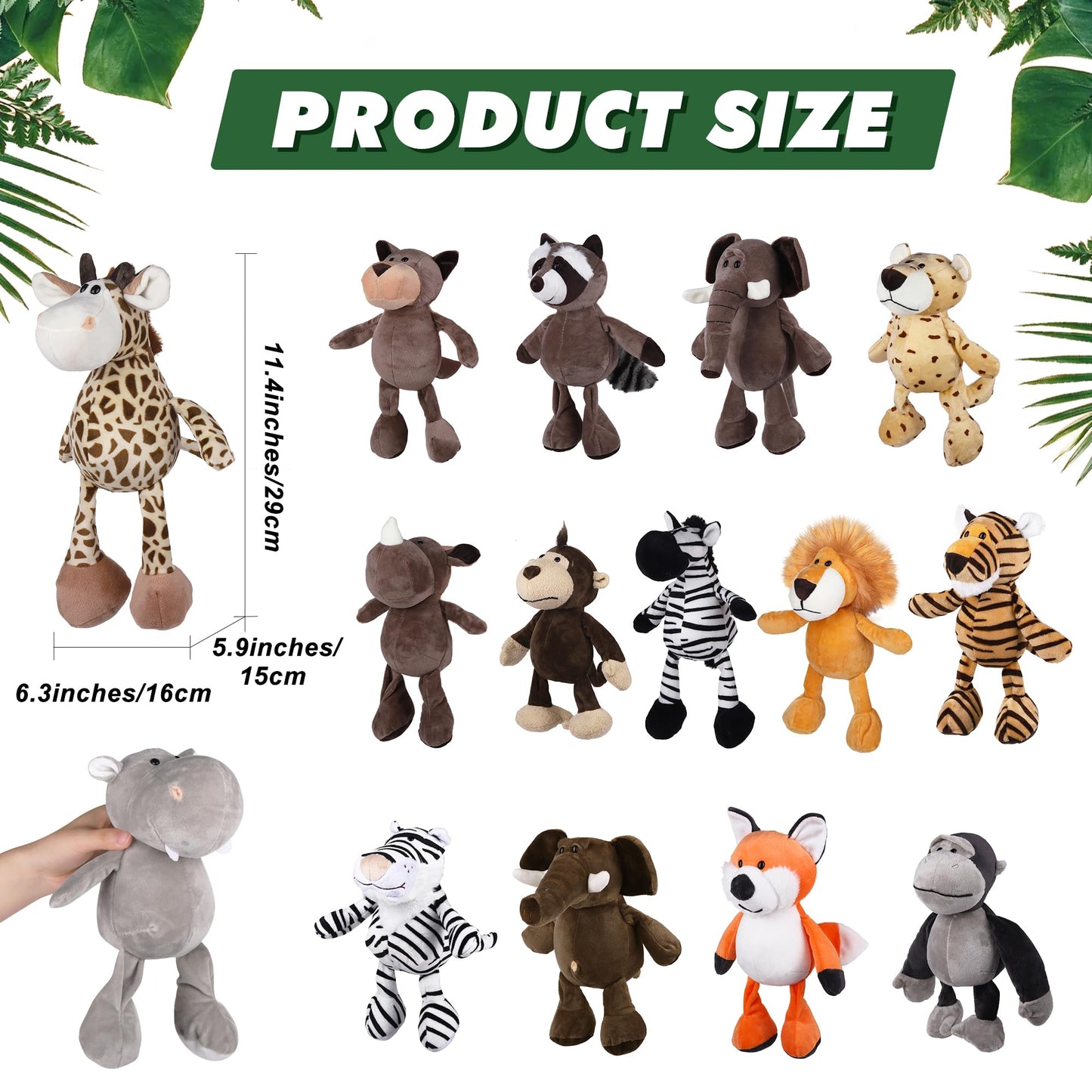 Elcoho 15-Piece Safari Stuffed Animals Plush Toys — 9.8 Inch Jungle Animal Set