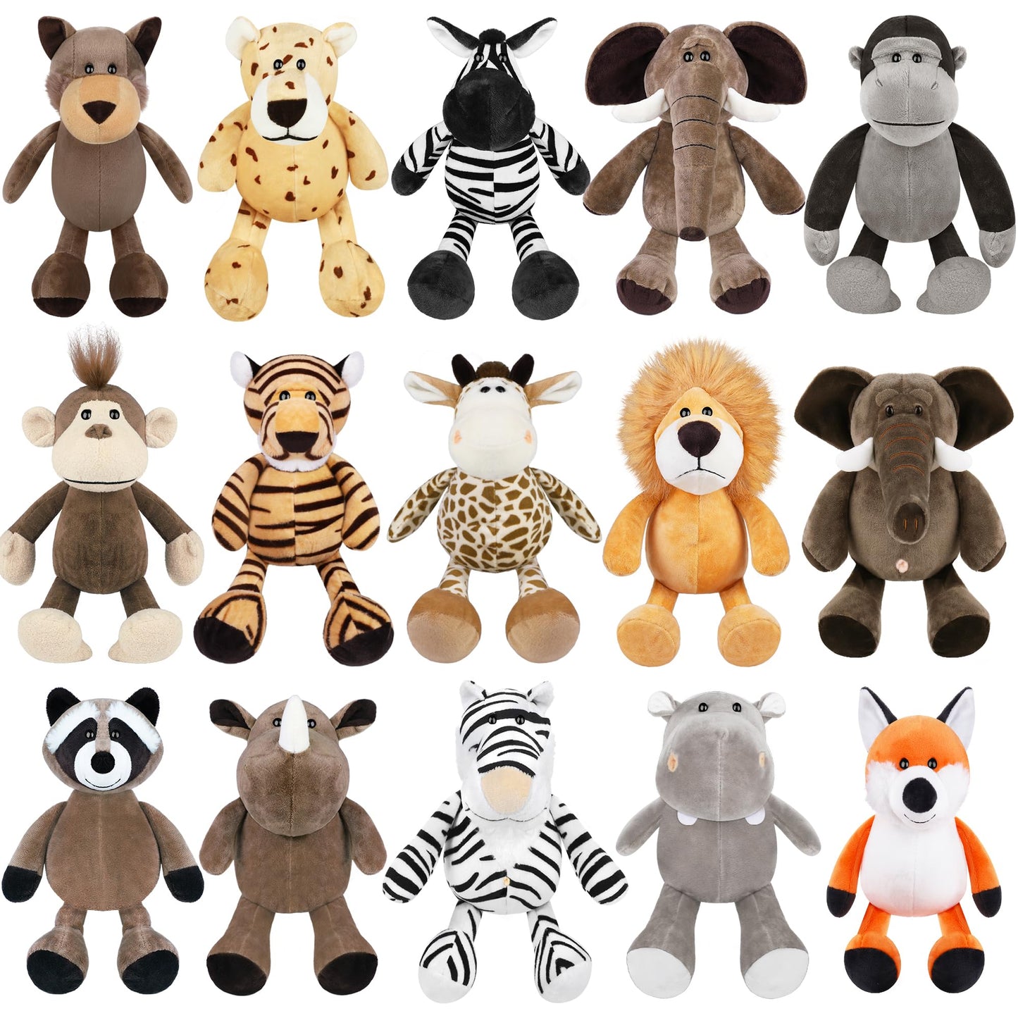 Elcoho 15-Piece Safari Stuffed Animals Plush Toys — 9.8 Inch Jungle Animal Set
