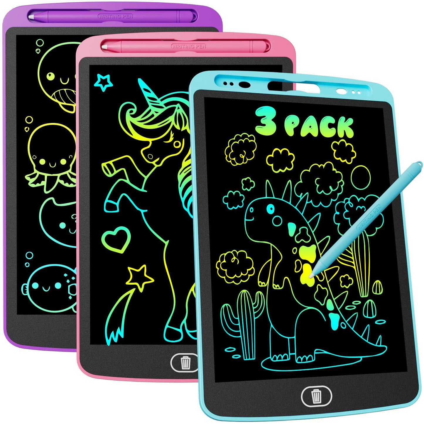 Electight 10-Inch LCD Writing Tablet — 3-Pack Colorful Doodle Boards, Lock & Erase, Eye Protection