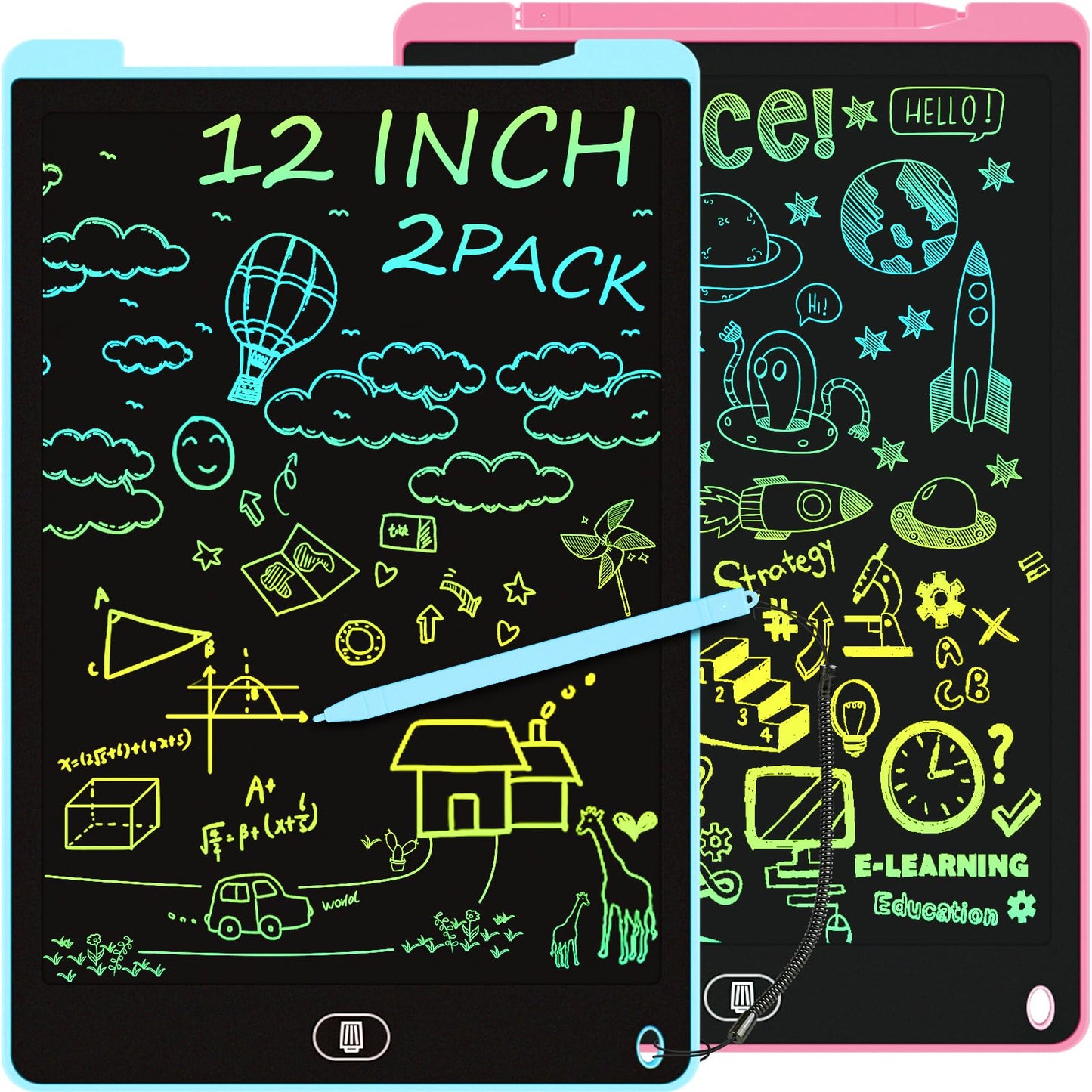 Electight 2-Pack 12-Inch LCD Writing Tablet – Colorful Doodle Board with Lock & Erase (Pink & Blue)