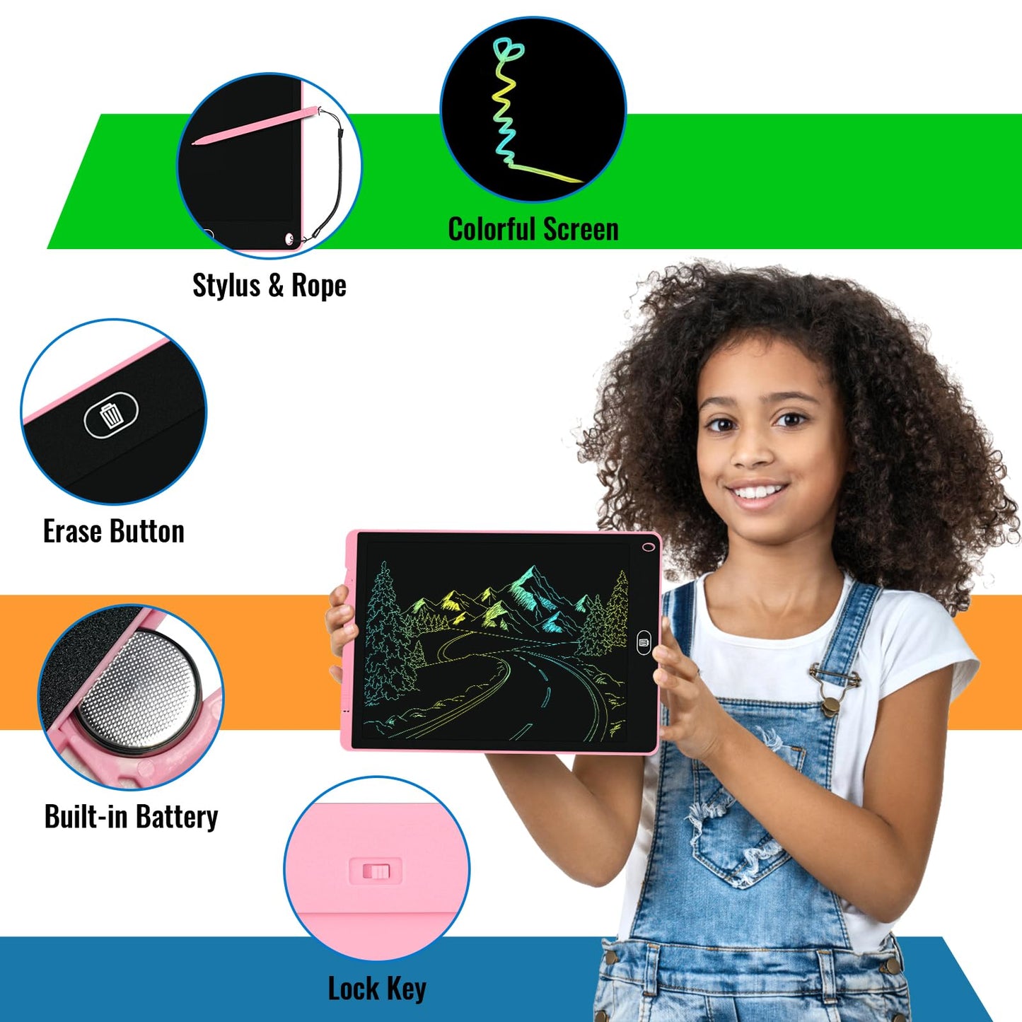 Electight 2-Pack 12-Inch LCD Writing Tablet – Colorful Doodle Board with Lock & Erase (Pink & Blue)