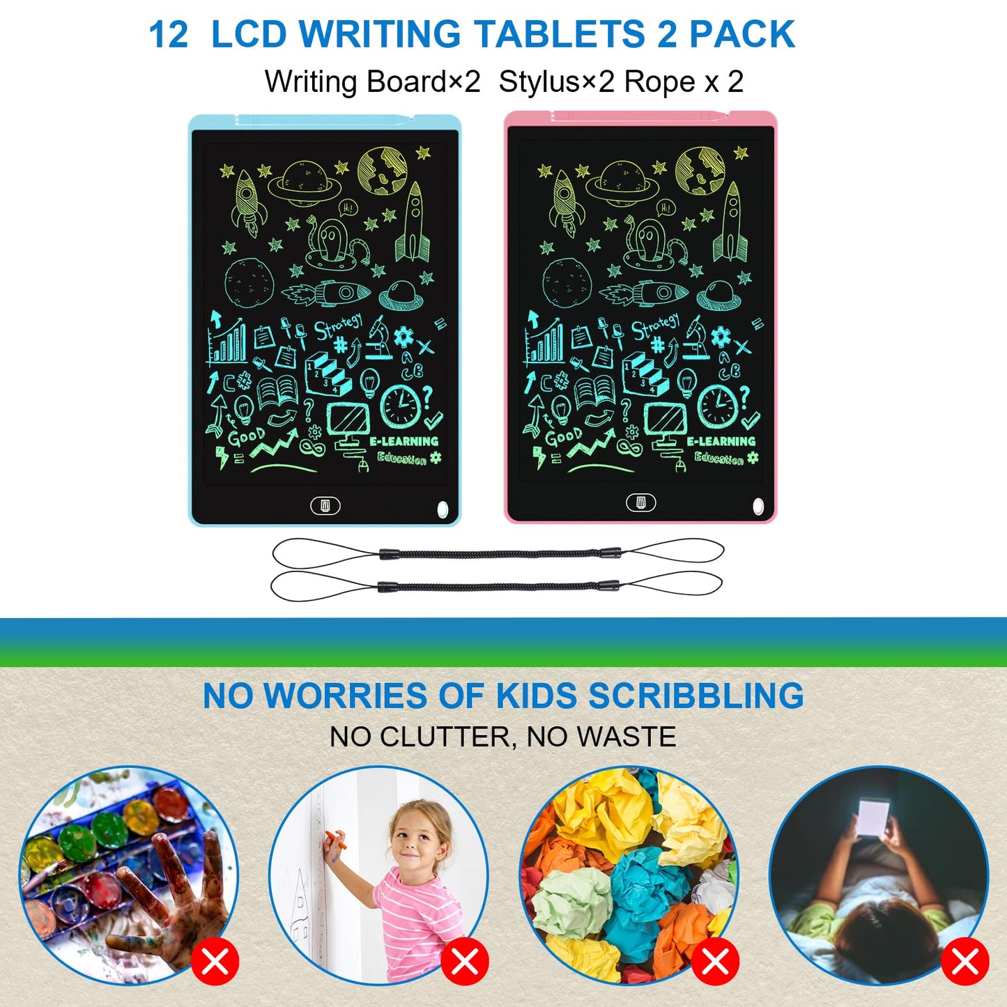 Electight 2-Pack 12-Inch LCD Writing Tablet – Colorful Doodle Board with Lock & Erase (Pink & Blue)