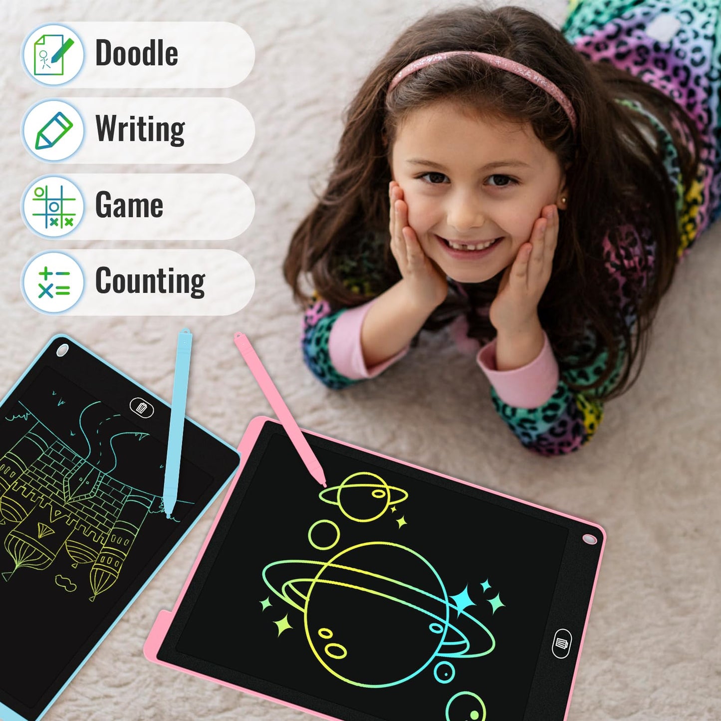 Electight 2-Pack 12-Inch LCD Writing Tablet – Colorful Doodle Board with Lock & Erase (Pink & Blue)