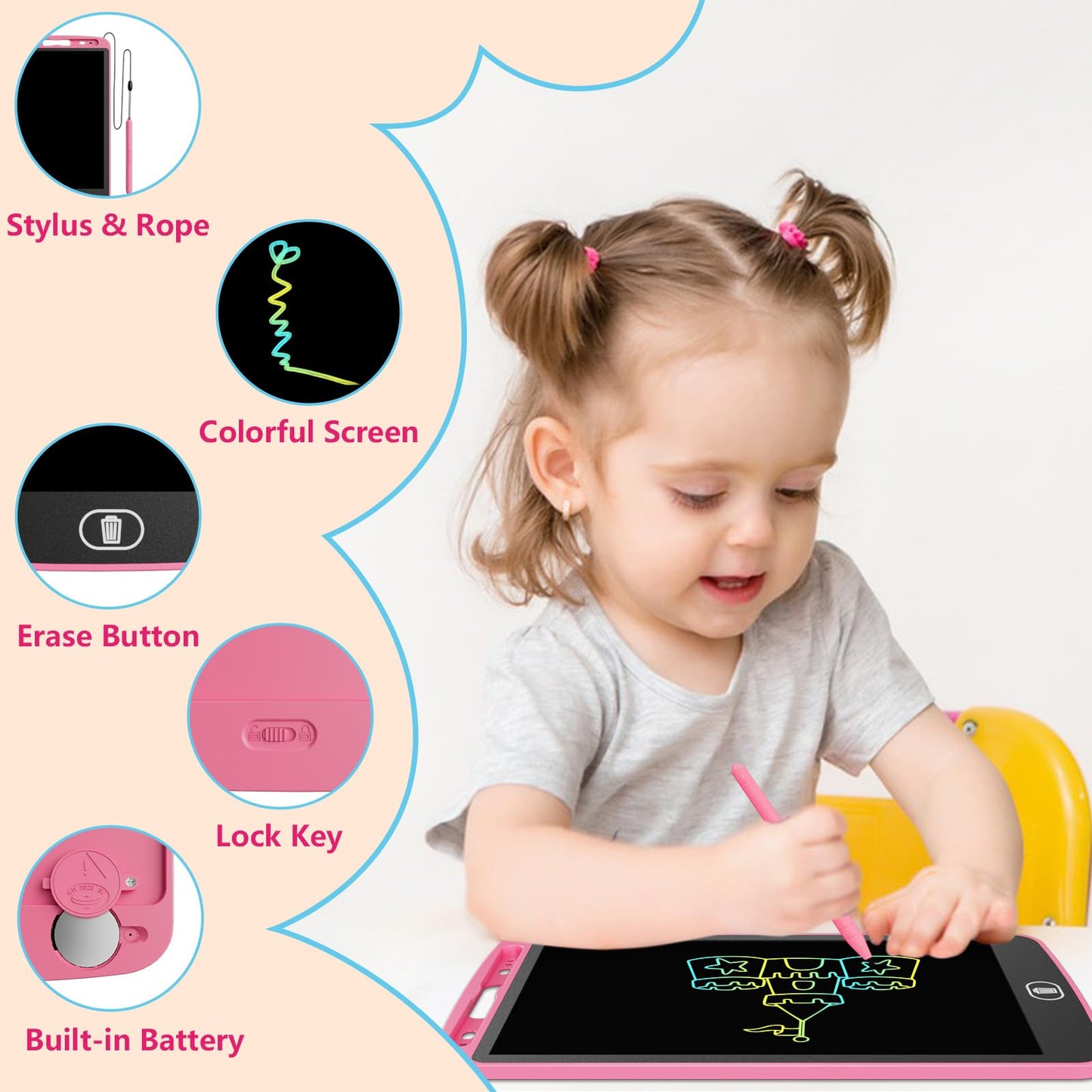 Electight 10-Inch LCD Writing Tablet — 3-Pack Colorful Doodle Boards, Lock & Erase, Eye Protection