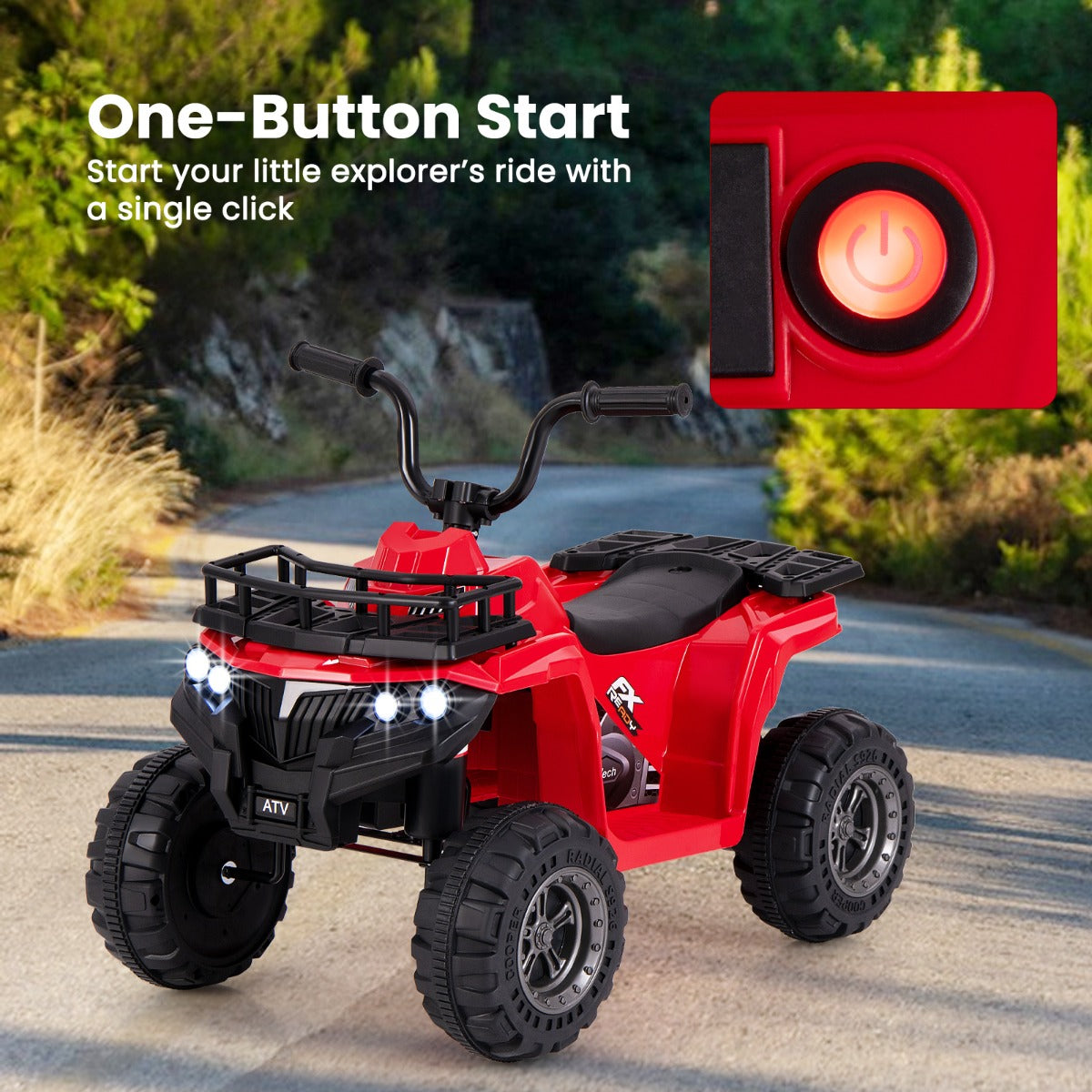 6V 4-Wheeler Quad Car with One-Button Start and Tread Tires-Black