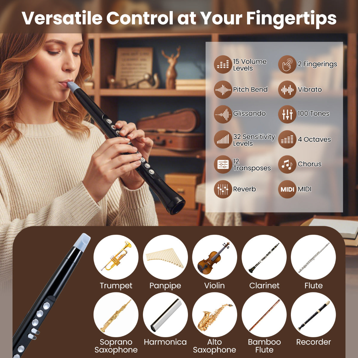 Electronic Wind Instrument Synthesizer with Wireless MIDI-Black