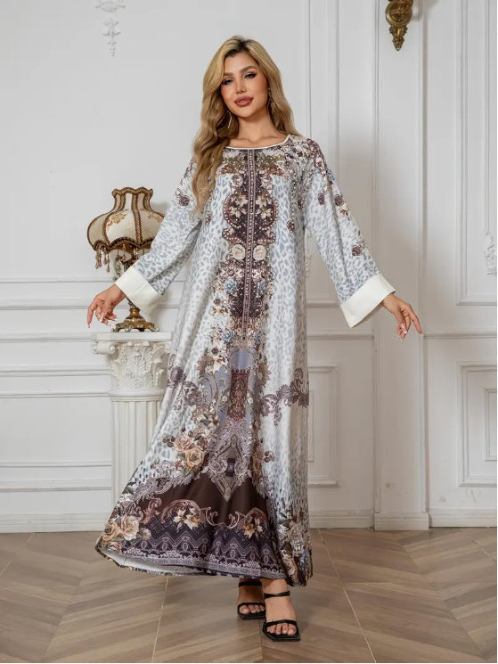 Elegant Floral Print Long Sleeve Abaya Dress, Premium Abaya Dress, Summer Clothing