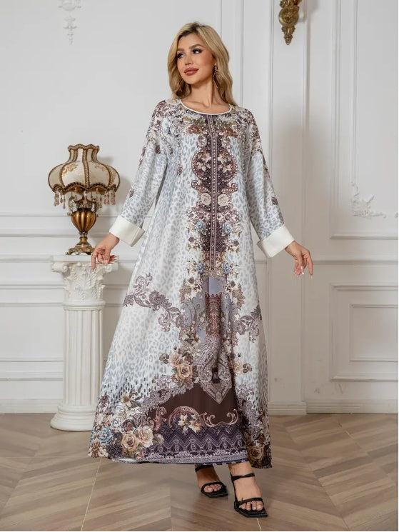 Elegant Floral Print Long Sleeve Abaya Dress, Premium Abaya Dress, Summer Clothing