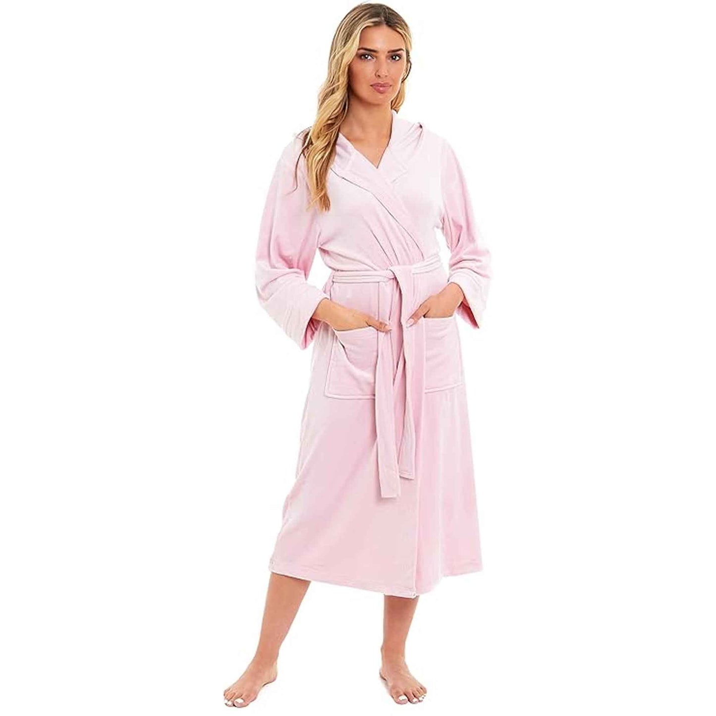 Daisy Dreamer Women's Hooded Velour Bathrobe Ultra Soft Luxurious Pink And Grey Cosy Super Soft Hotel-Style Robe