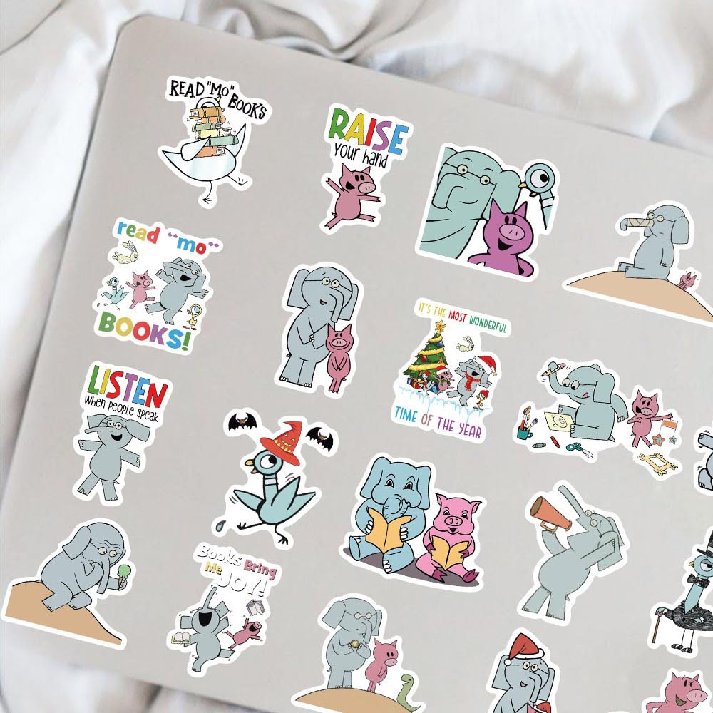 50pcs Elephant and Piggie Vinyl Stickers – Waterproof Decals for Water Bottles, Laptops, Cars & More