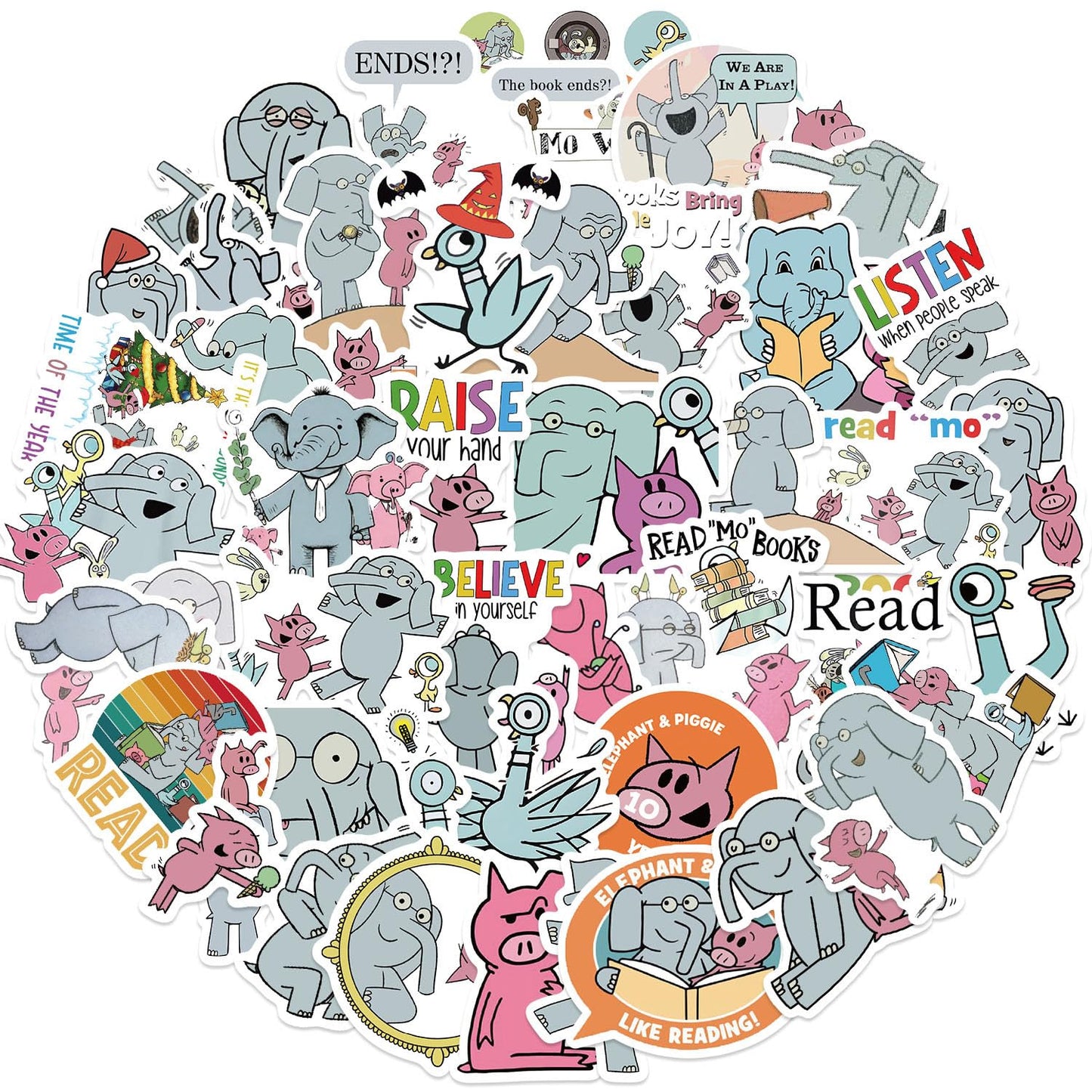 50pcs Elephant and Piggie Vinyl Stickers – Waterproof Decals for Water Bottles, Laptops, Cars & More