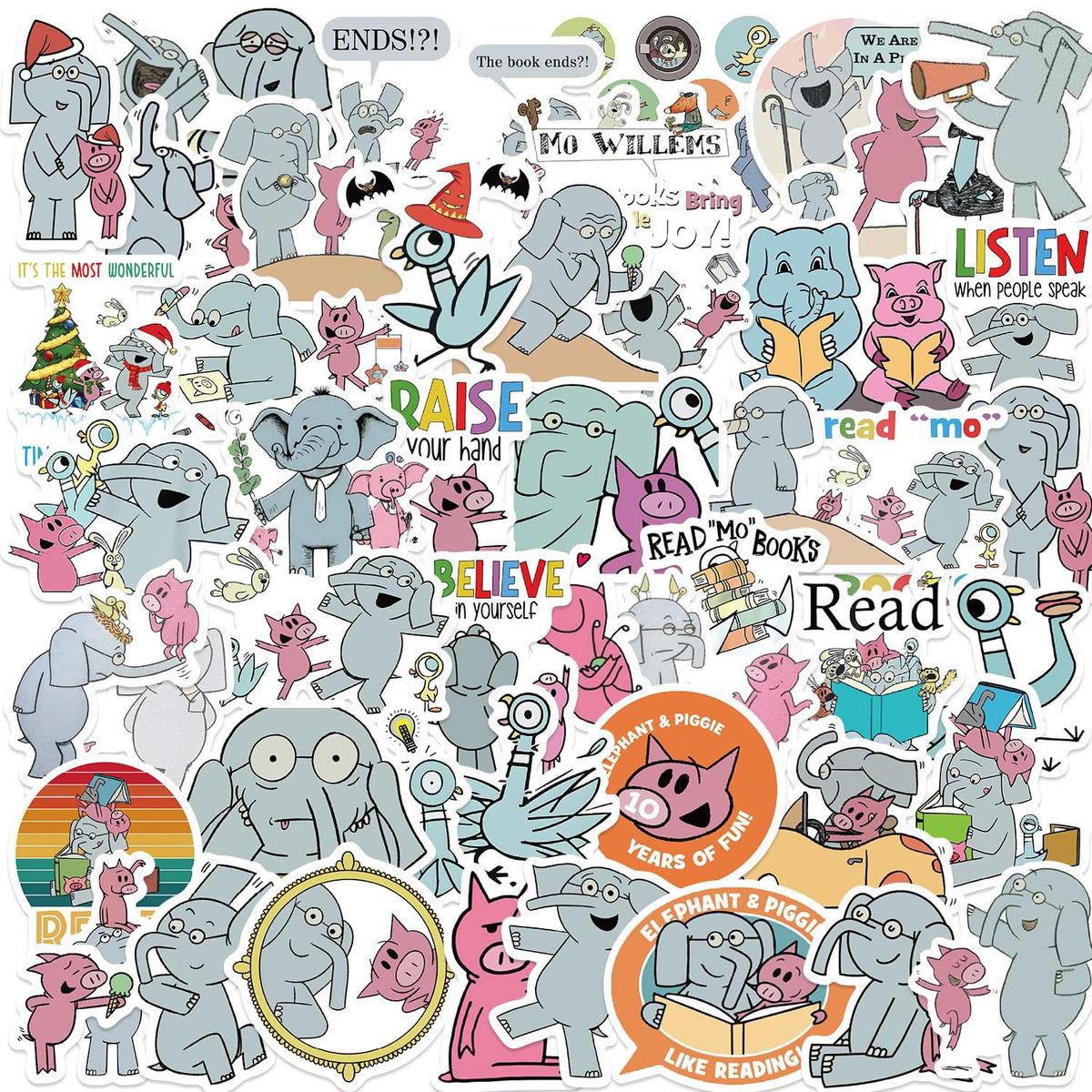 50pcs Elephant and Piggie Vinyl Stickers – Waterproof Decals for Water Bottles, Laptops, Cars & More