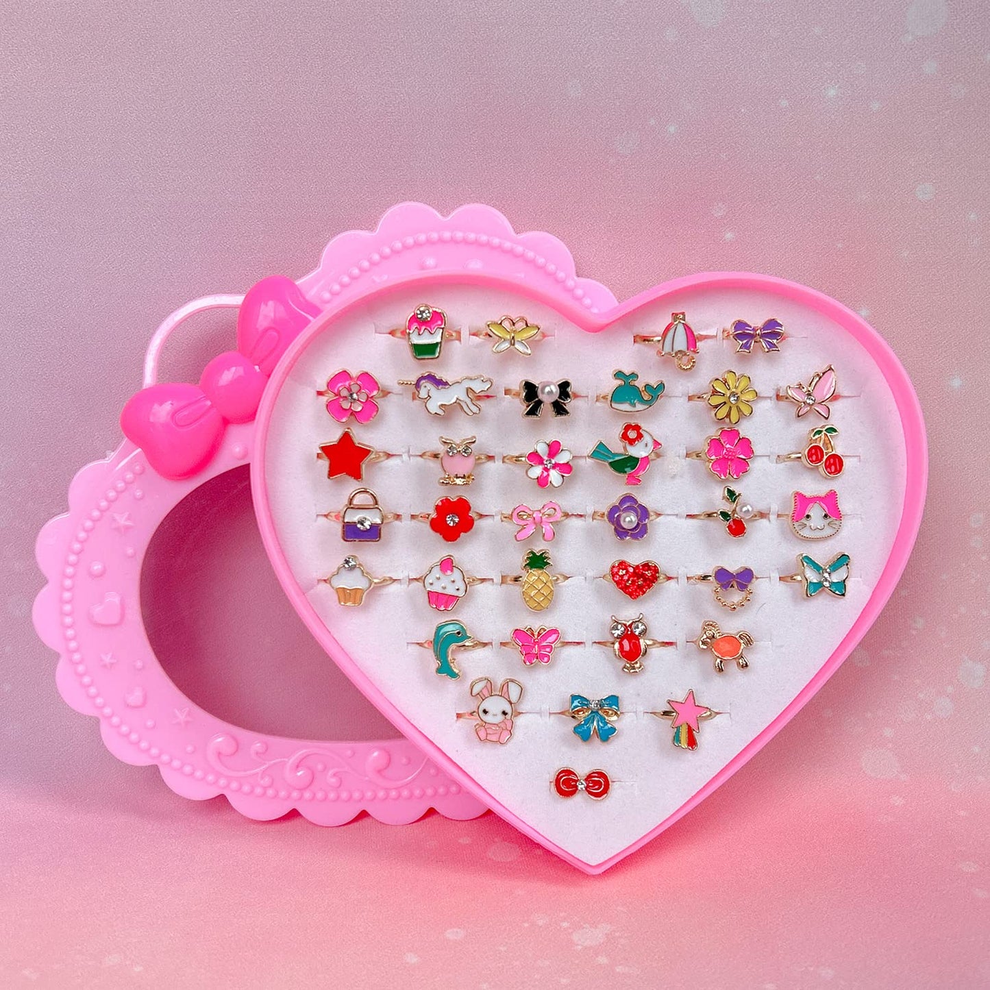 Elesa Miracle 36pcs Kids Rings in Heart Display Case | Adjustable Dress-Up Jewelry
