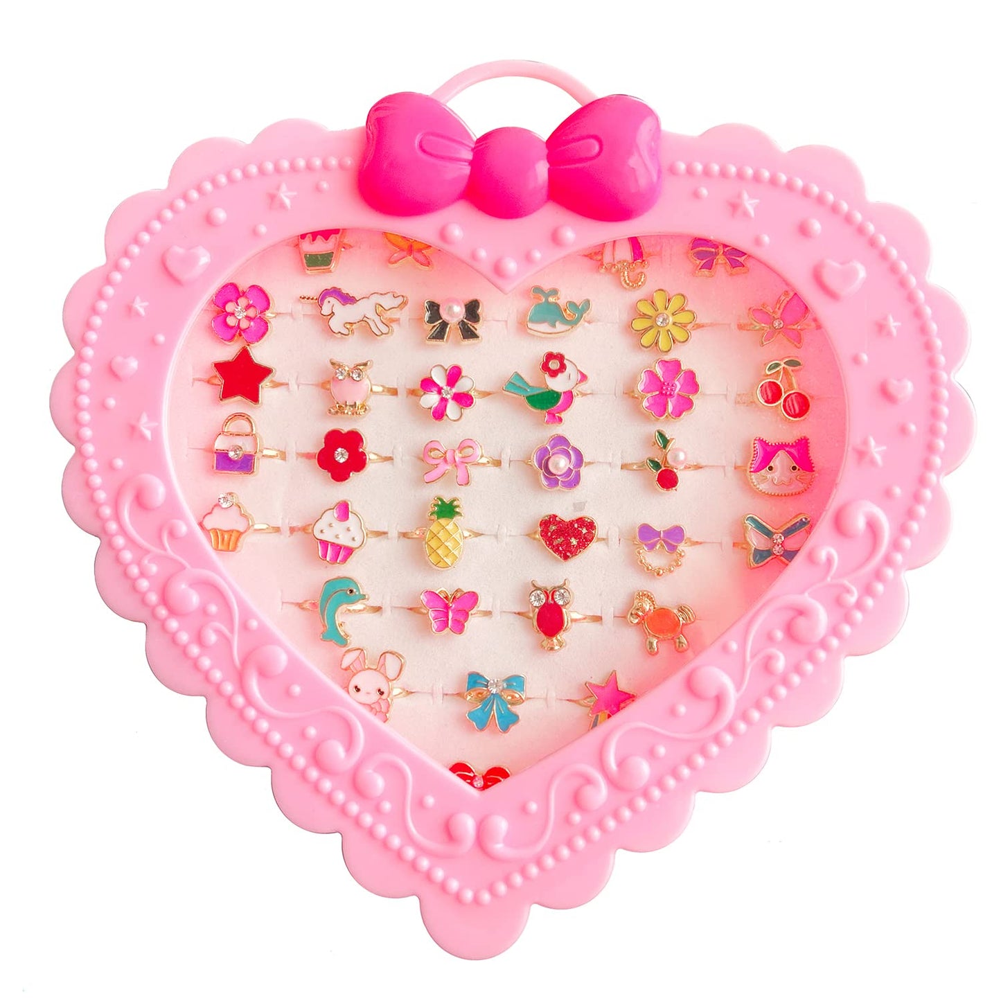 Elesa Miracle 36pcs Kids Rings in Heart Display Case | Adjustable Dress-Up Jewelry