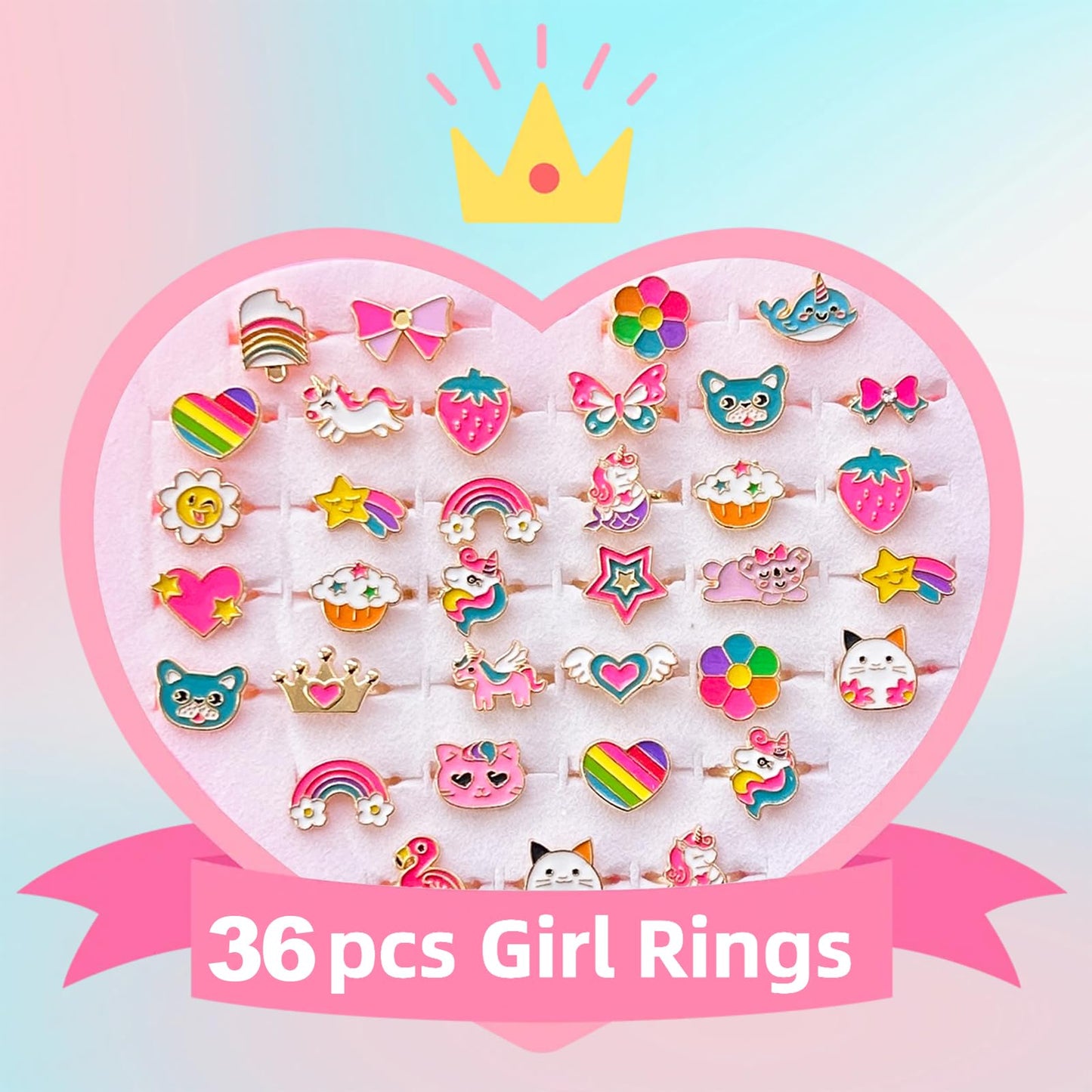 Elesa Miracle 36pc Adjustable Kids Rings – Gift Box Dress Up & Pretend Play
