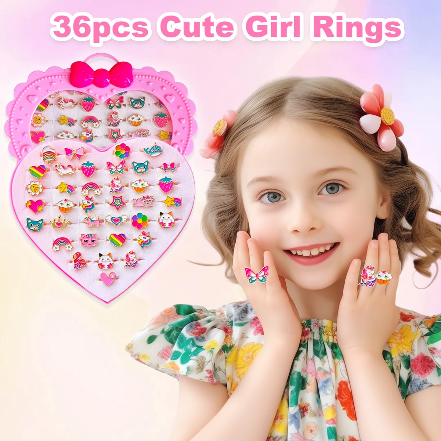 Elesa Miracle 36pc Adjustable Kids Rings – Gift Box Dress Up & Pretend Play
