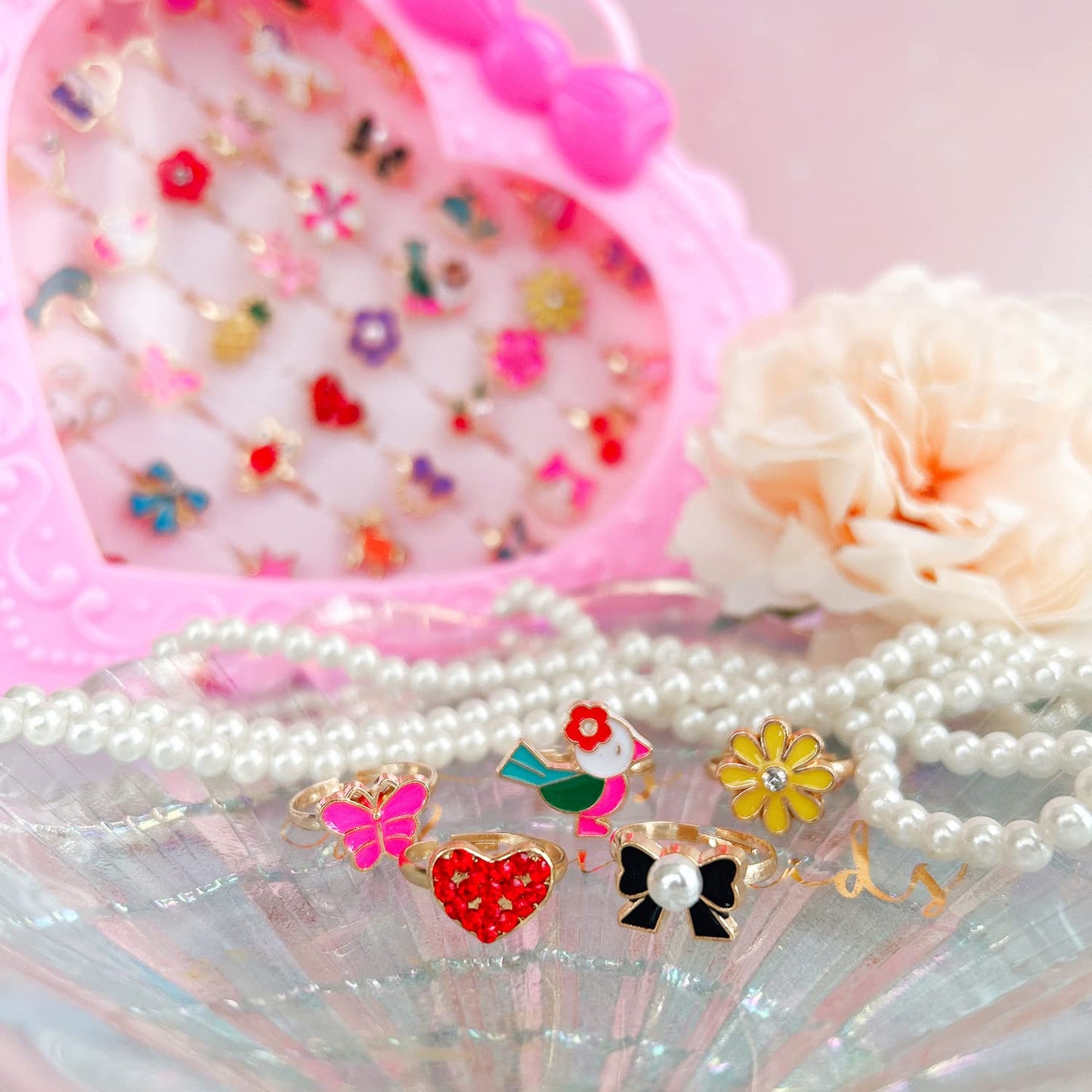 Elesa Miracle 36pcs Kids Rings in Heart Display Case | Adjustable Dress-Up Jewelry