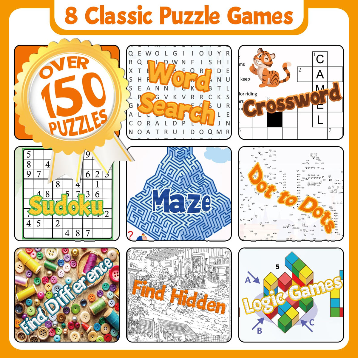 Elfew 4-Pack Activity Books for Adults, Teens & Seniors — 150+ Puzzles: Word Search, Sudoku, Mazes