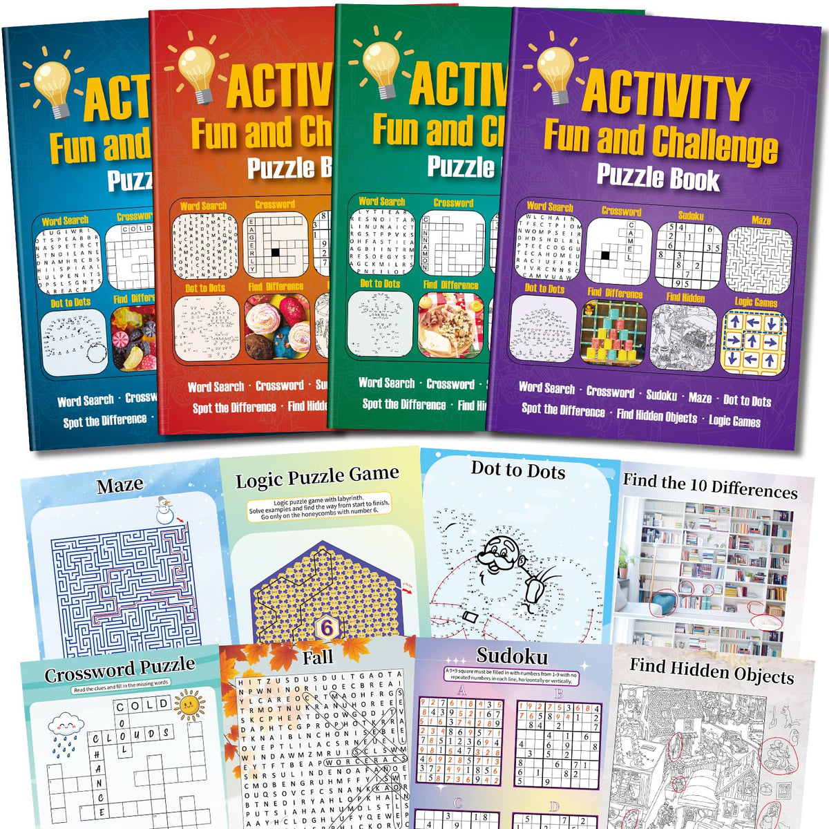 Elfew 4-Pack Activity Books for Adults, Teens & Seniors — 150+ Puzzles: Word Search, Sudoku, Mazes