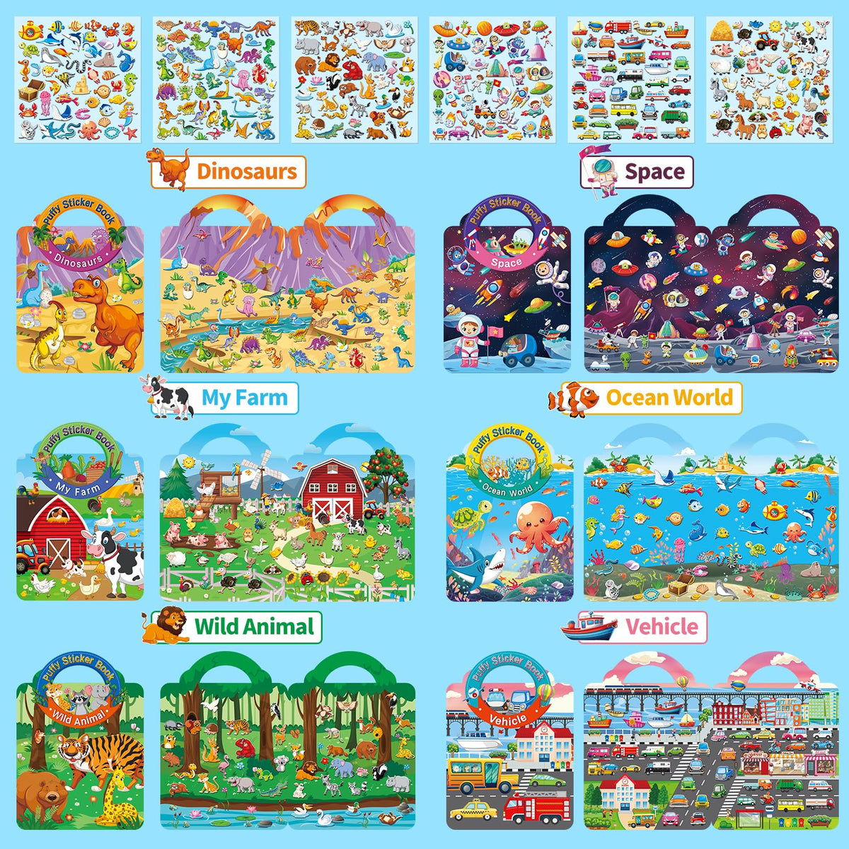 Elfew 6 Sets 3D Reusable Sticker Books for Toddlers – Travel-Friendly Puffy Activity Books