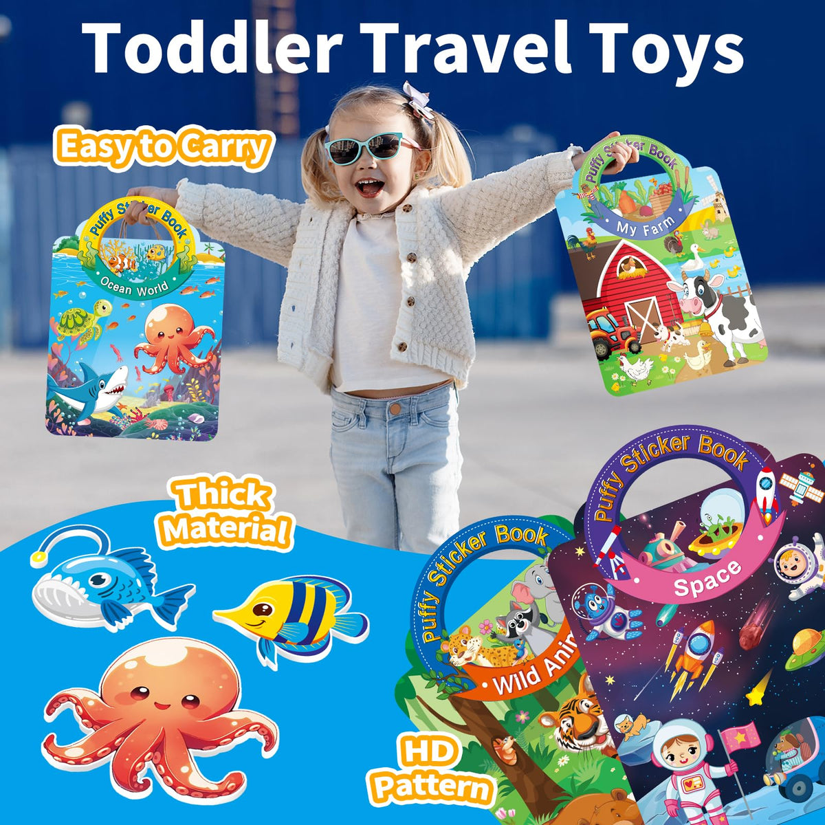 Elfew 6 Sets 3D Reusable Sticker Books for Toddlers – Travel-Friendly Puffy Activity Books