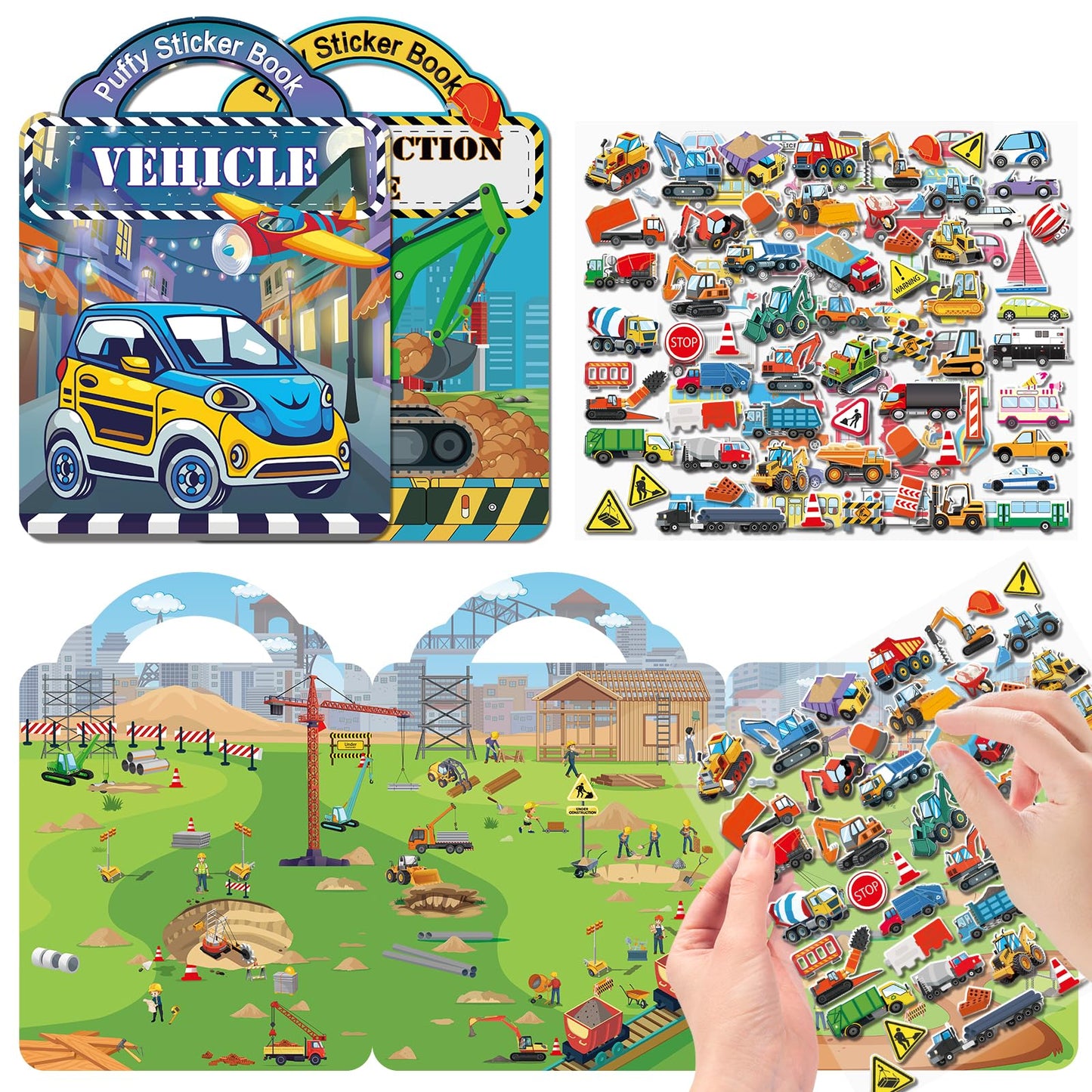 Elfew 2 Pack Puffy Sticker Books for Kids Ages 3-5 | Construction & Vehicle 3D Reusable Stickers