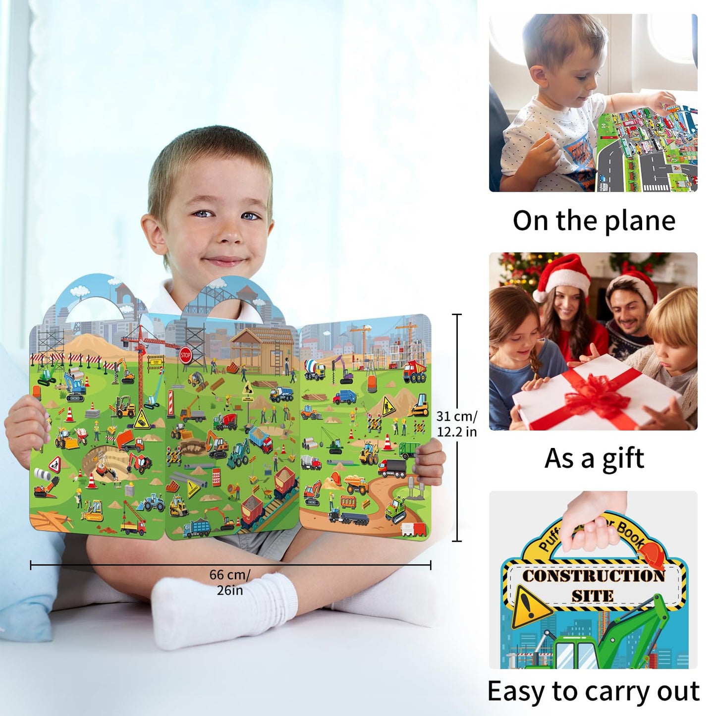 Elfew 2 Pack Puffy Sticker Books for Kids Ages 3-5 | Construction & Vehicle 3D Reusable Stickers