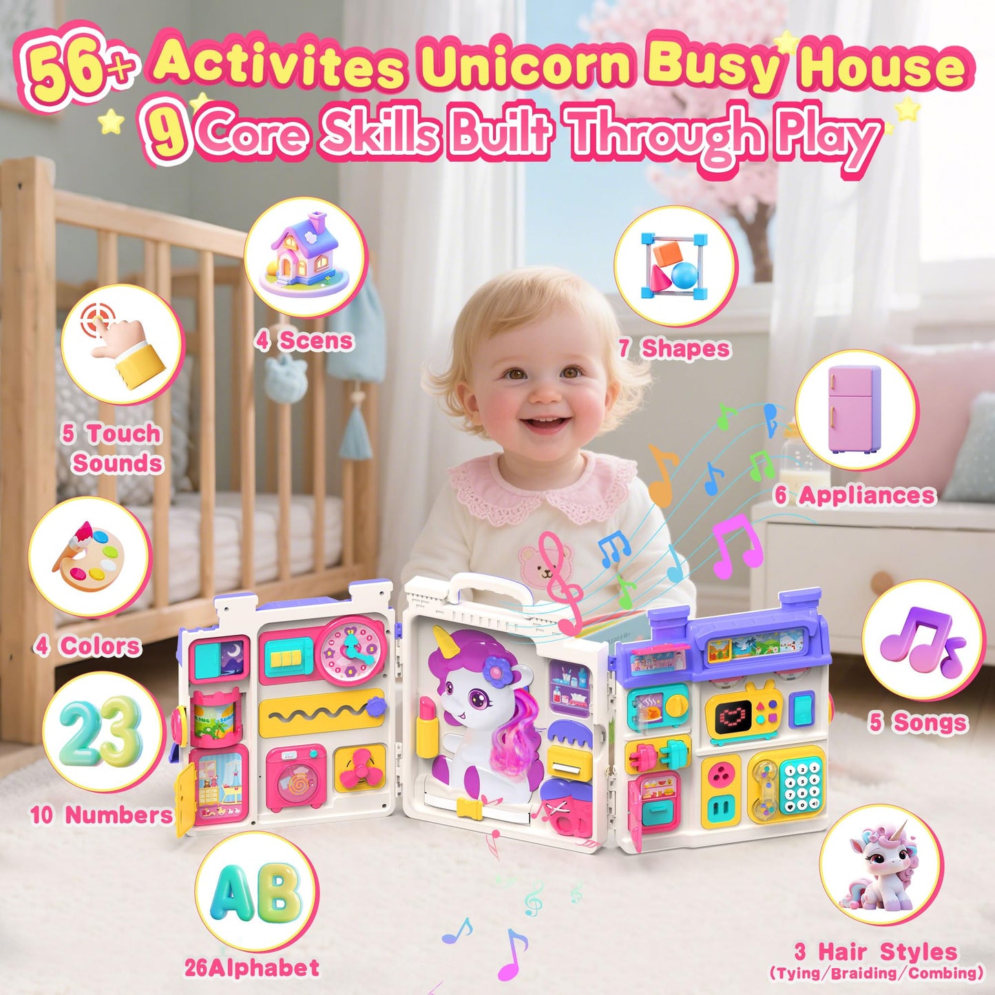 ELFJOY Montessori Busy Board for Toddlers — 56+ Activities, Bilingual English & Spanish