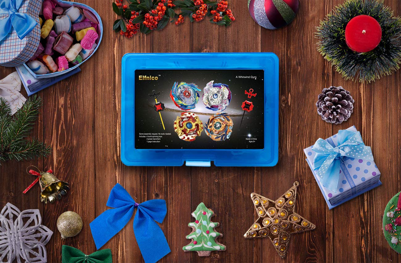 Elfnico Bey Burst Top Battle Set — 4 Spinning Tops, 2 Launchers, Winder & Portable Storage Box