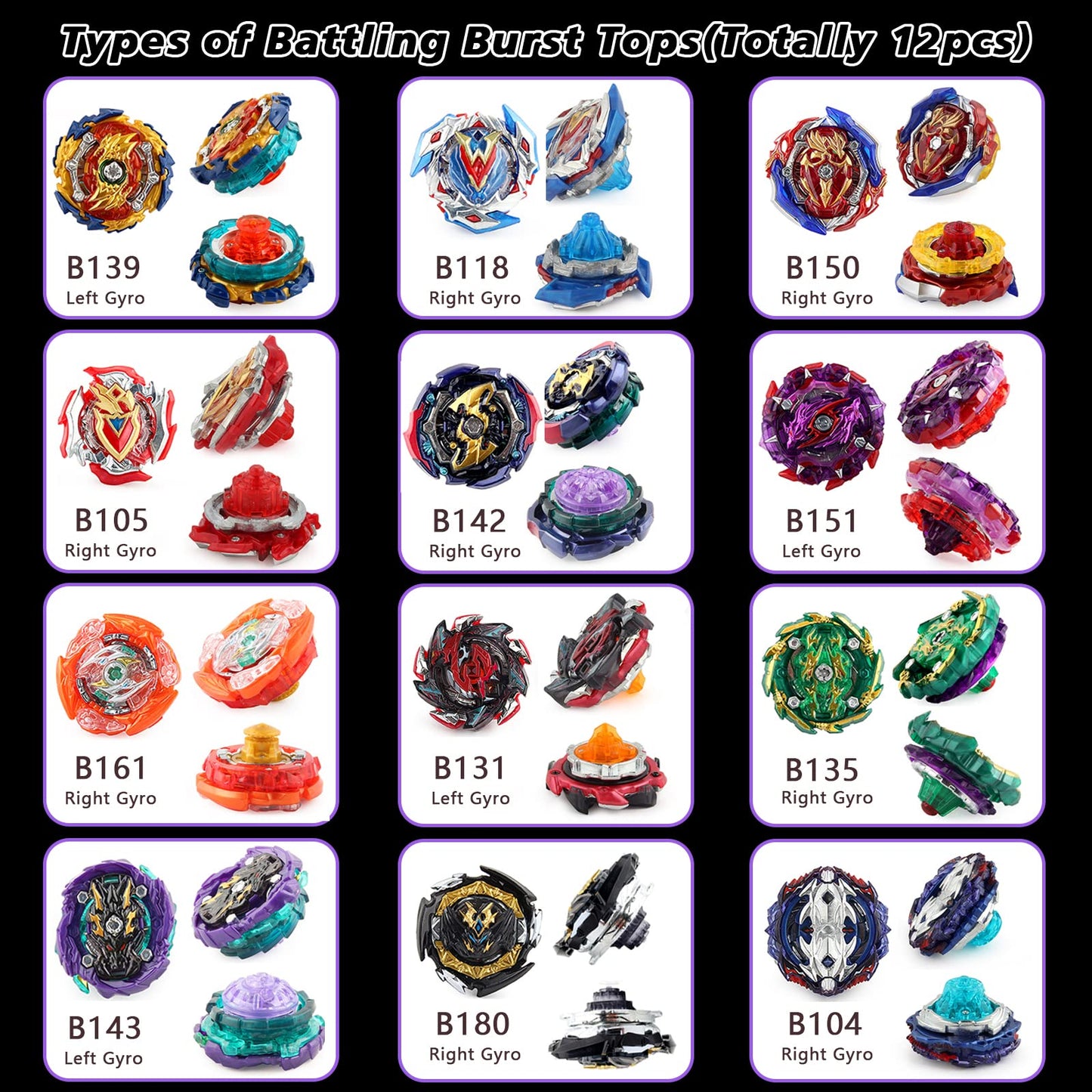 Elfnico Bey Battling Top Burst Gyro Toy Set – 12 Spin Tops & 4 Launchers