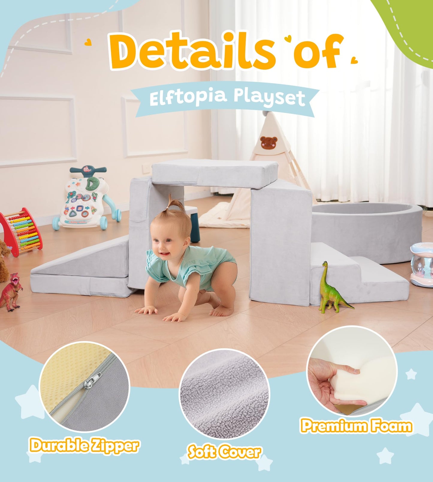 Elftopia Foam Climbing Blocks with Ball Pit & Stairs for Toddlers Aged 1-3 – Indoor Soft Play Grey