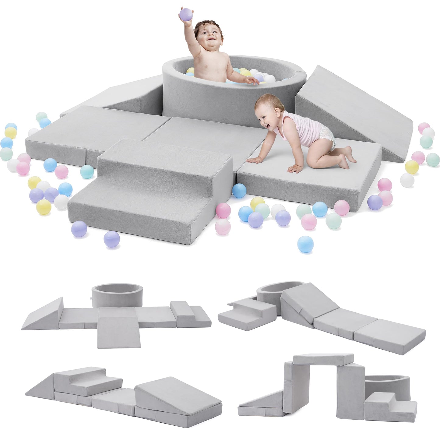 Elftopia Foam Climbing Blocks with Ball Pit & Stairs for Toddlers Aged 1-3 – Indoor Soft Play Grey