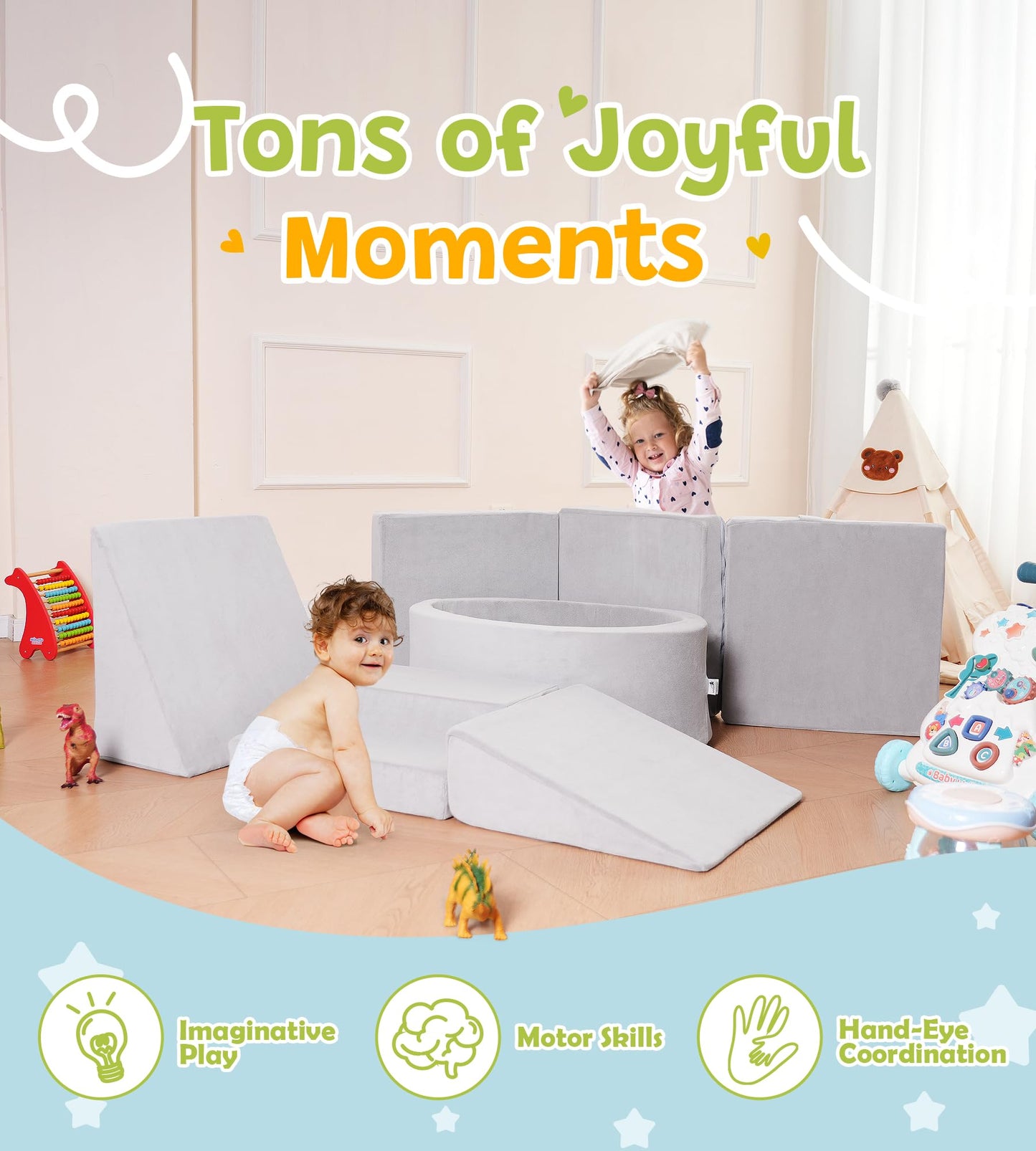 Elftopia Foam Climbing Blocks with Ball Pit & Stairs for Toddlers Aged 1-3 – Indoor Soft Play Grey