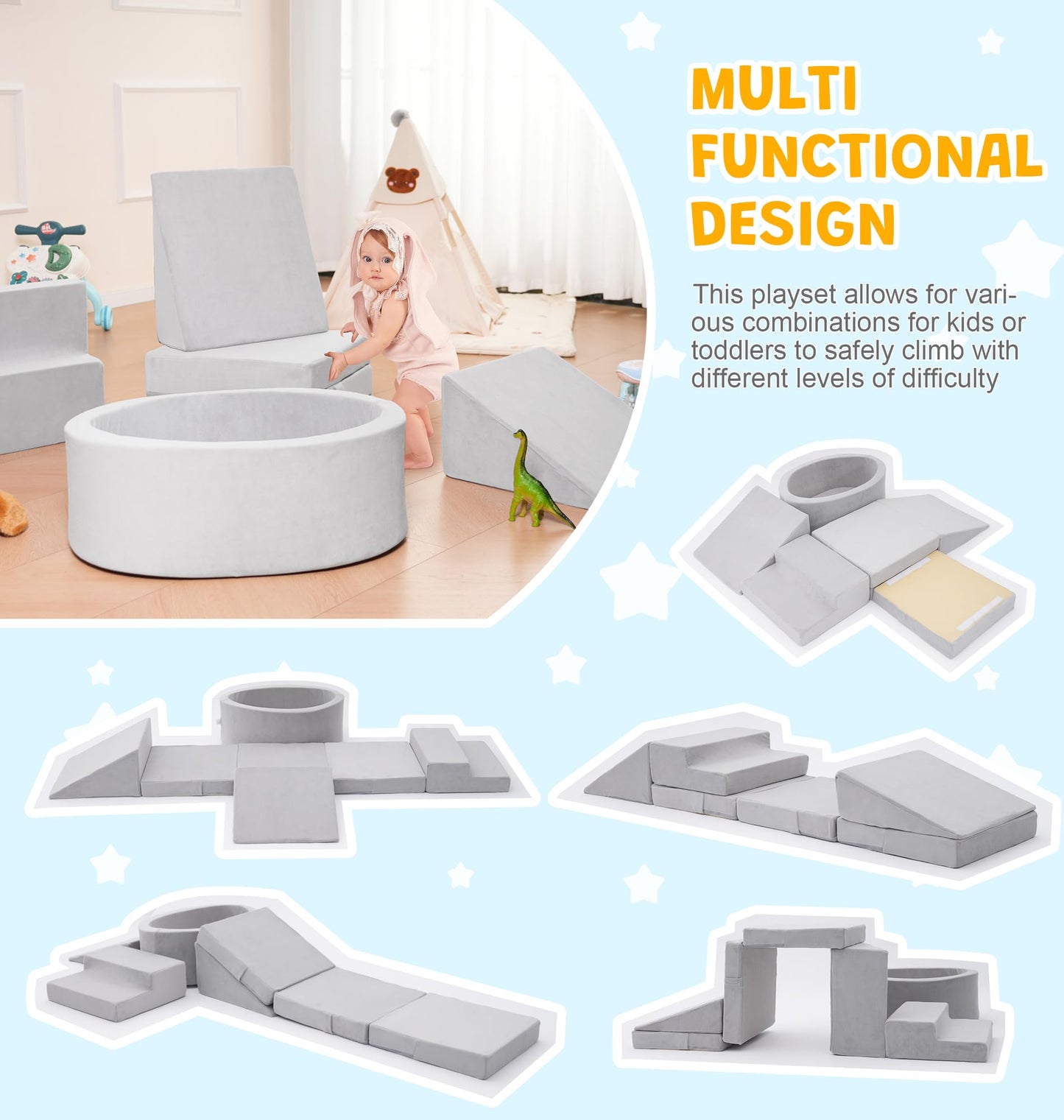 Elftopia Foam Climbing Blocks with Ball Pit & Stairs for Toddlers Aged 1-3 – Indoor Soft Play Grey