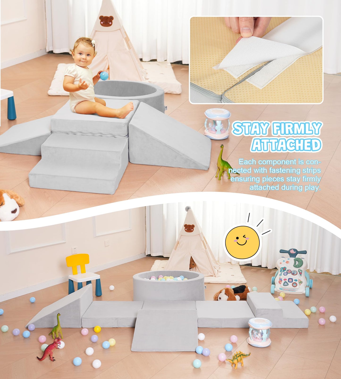 Elftopia Foam Climbing Blocks with Ball Pit & Stairs for Toddlers Aged 1-3 – Indoor Soft Play Grey