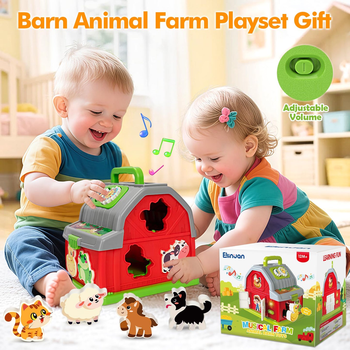 Ellinjan Montessori Farm Animals Toy for Toddlers 1-3 | Light & Sound Barn Playset