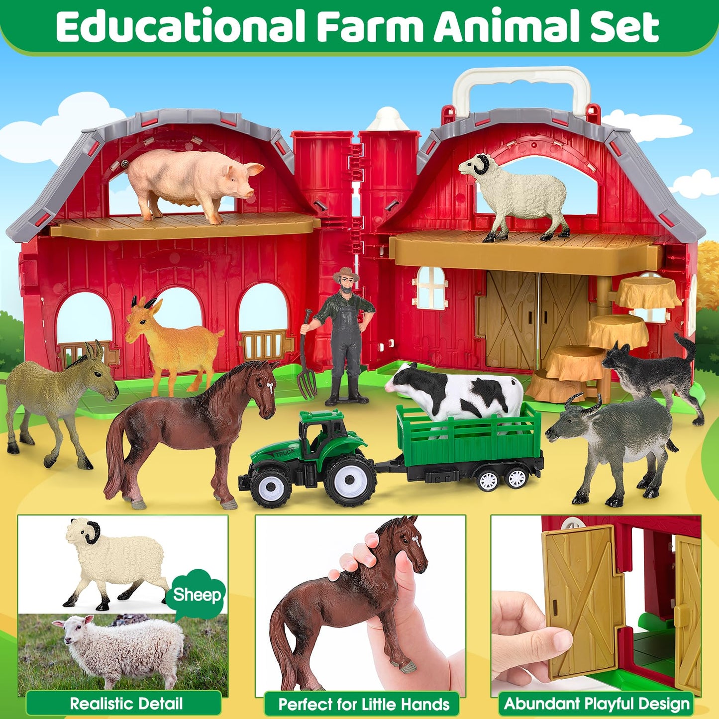 Ellinjan Farm Animals Toy Set – Big Red Barn Playset for 1-5 Year Olds | Educational & Durable