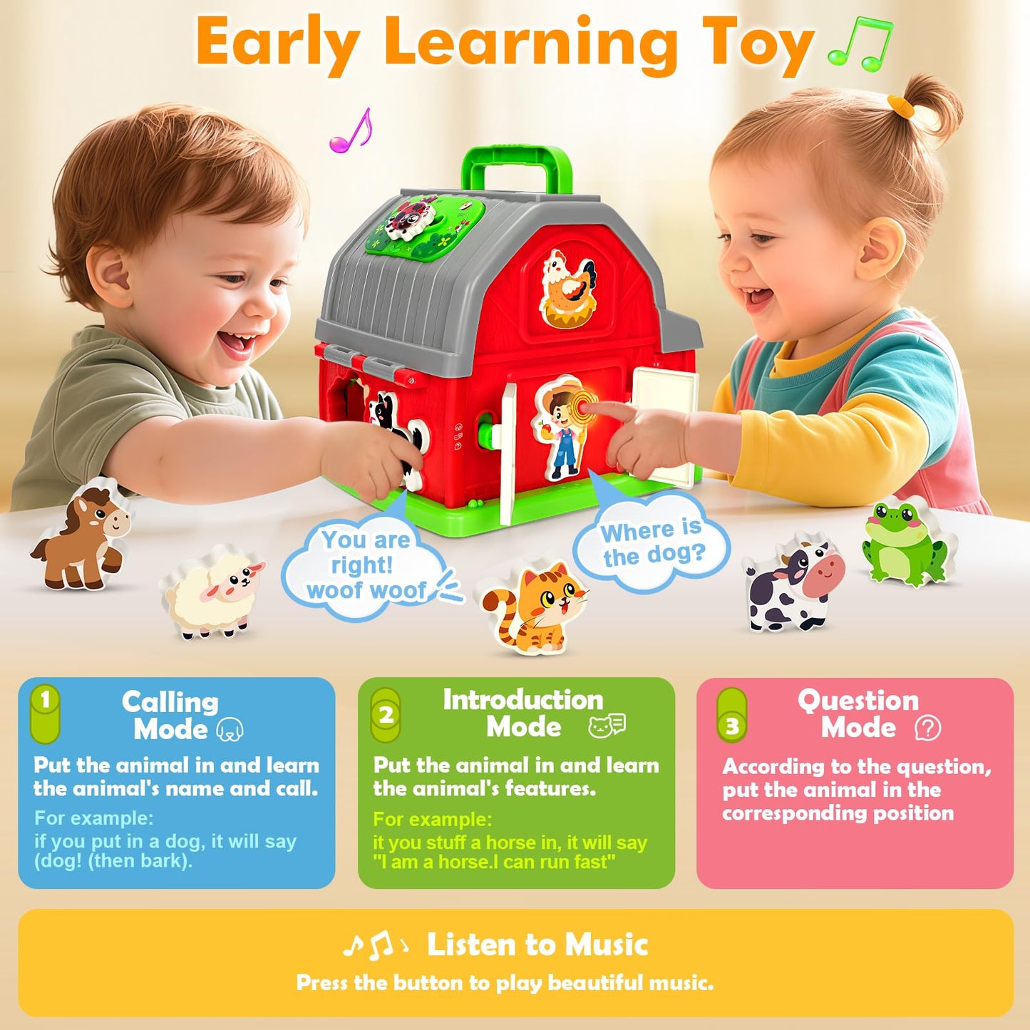 Ellinjan Montessori Farm Animals Toy for Toddlers 1-3 | Light & Sound Barn Playset