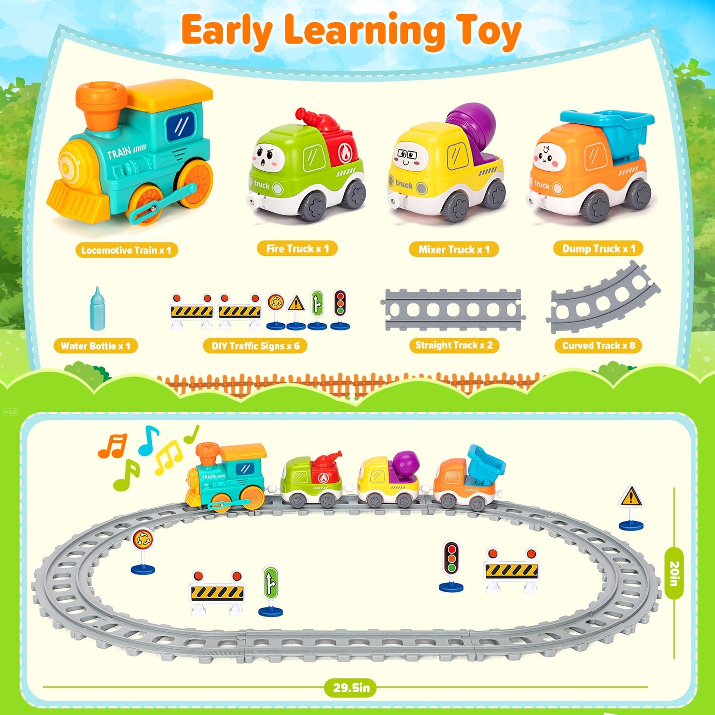 Ellinjan Electric Train Set for Toddlers — Lights, Steam & Construction Trucks (Ages 1–5)