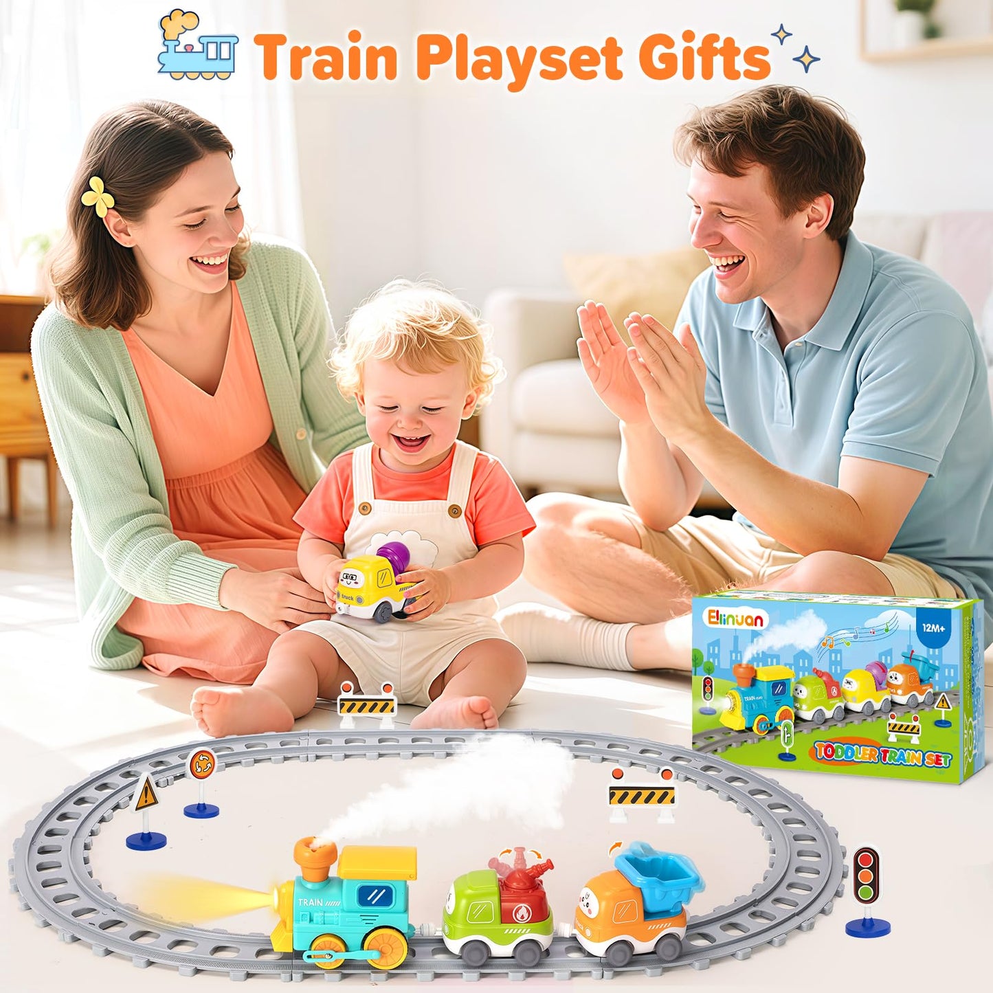 Ellinjan Electric Train Set for Toddlers — Lights, Steam & Construction Trucks (Ages 1–5)