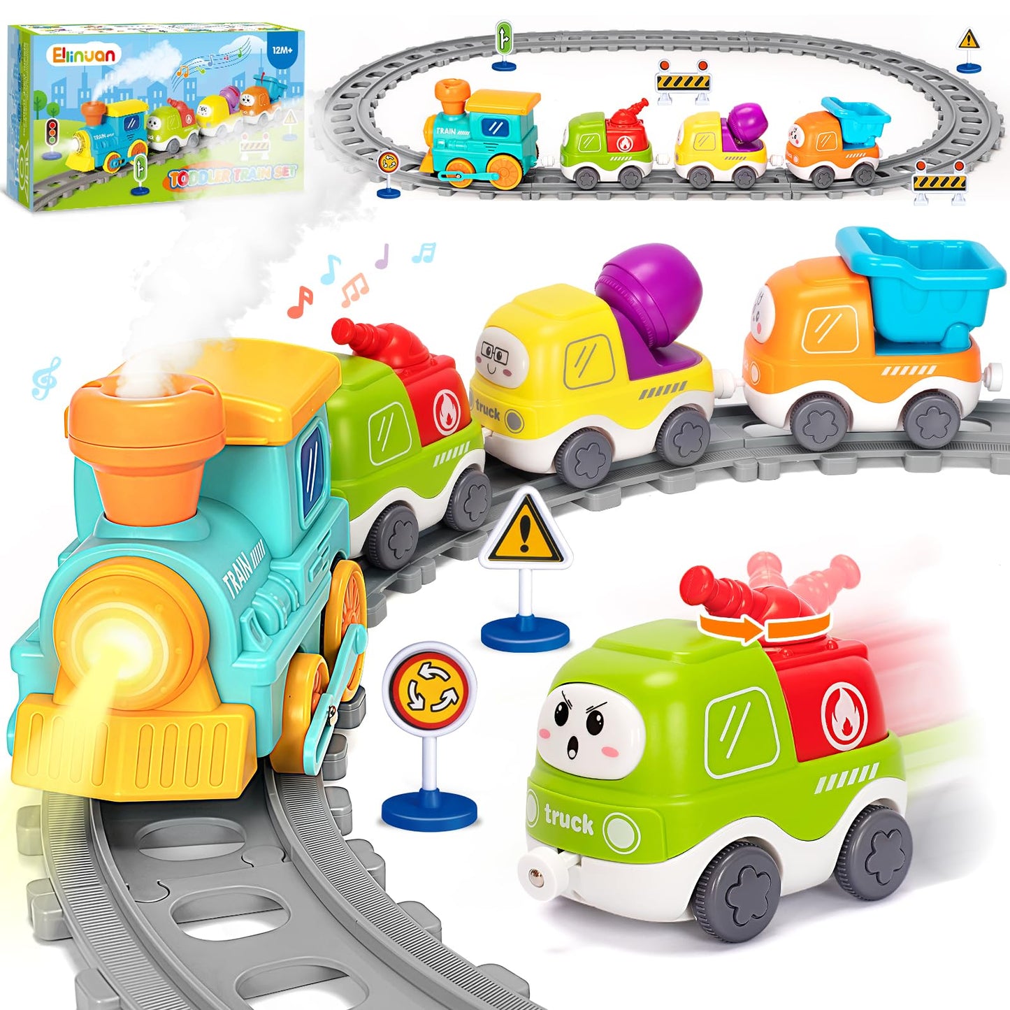 Ellinjan Electric Train Set for Toddlers — Lights, Steam & Construction Trucks (Ages 1–5)