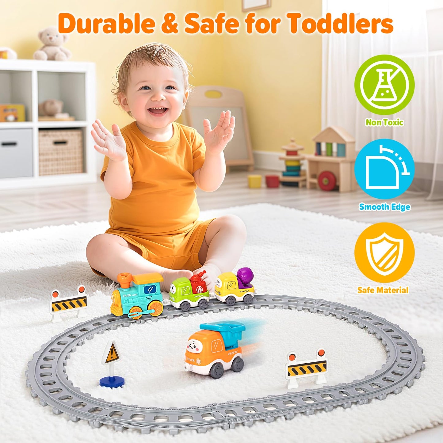 Ellinjan Electric Train Set for Toddlers — Lights, Steam & Construction Trucks (Ages 1–5)