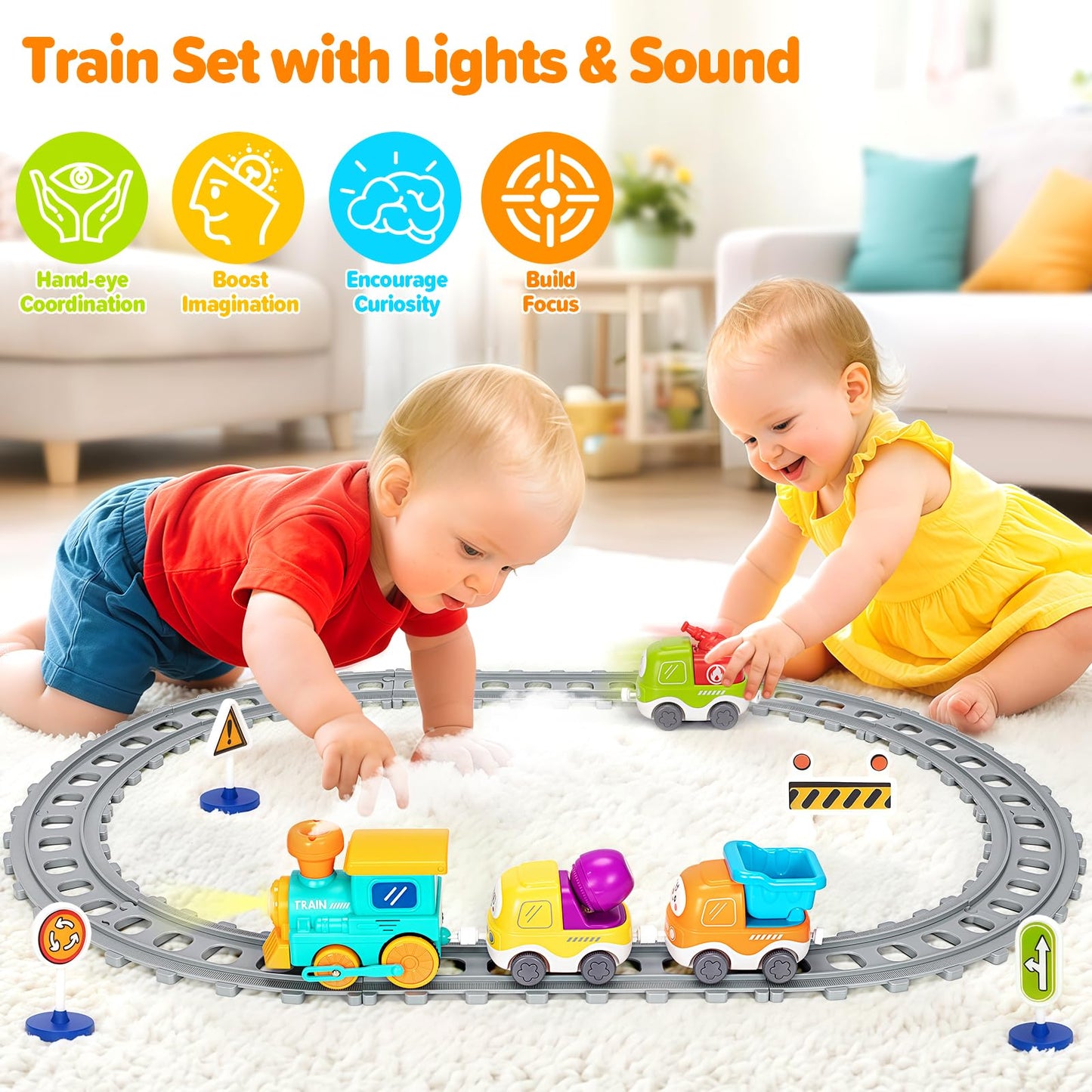 Ellinjan Electric Train Set for Toddlers — Lights, Steam & Construction Trucks (Ages 1–5)