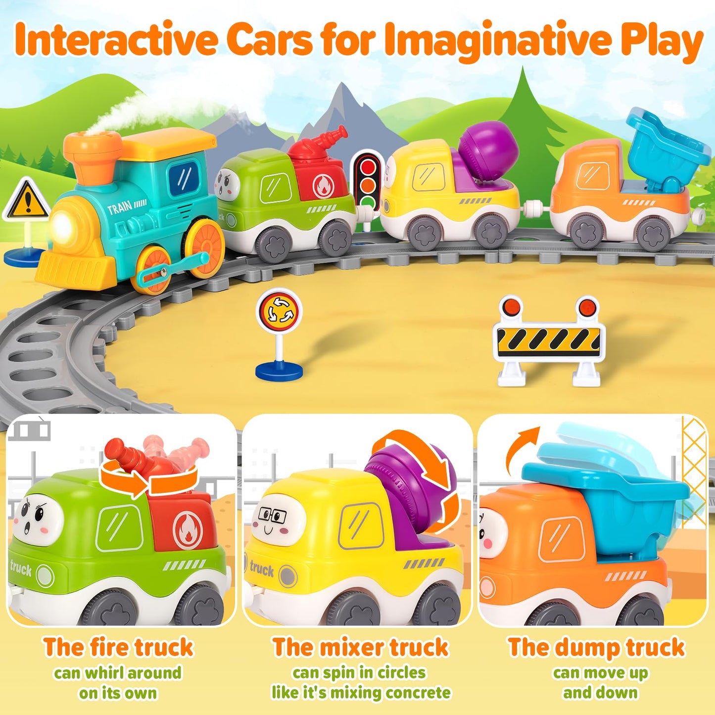 Ellinjan Electric Train Set for Toddlers — Lights, Steam & Construction Trucks (Ages 1–5)