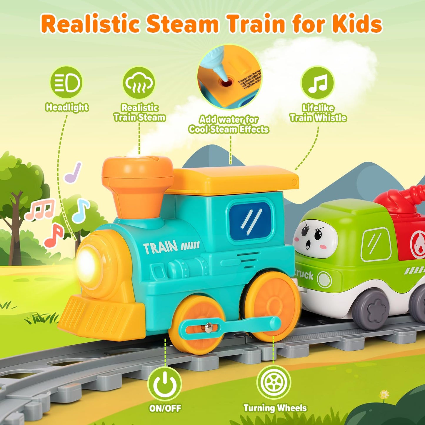 Ellinjan Electric Train Set for Toddlers — Lights, Steam & Construction Trucks (Ages 1–5)
