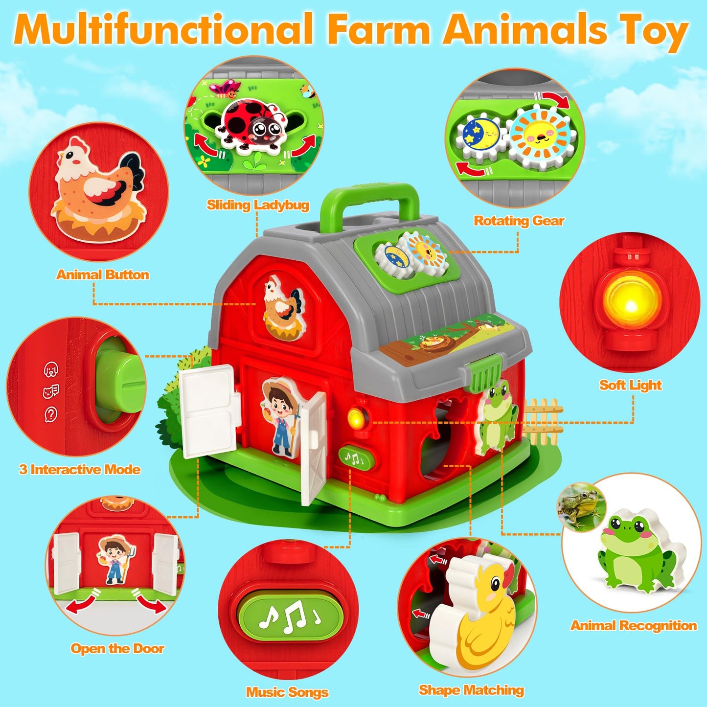 Ellinjan Montessori Farm Animals Toy for Toddlers 1-3 | Light & Sound Barn Playset