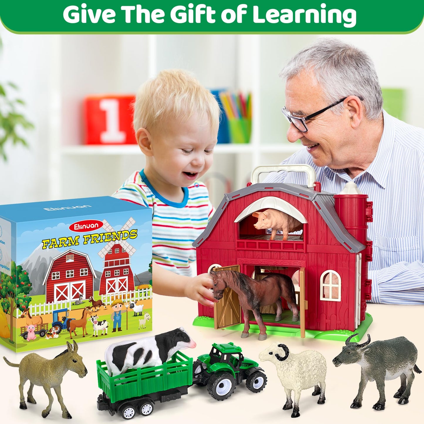 Ellinjan Farm Animals Toy Set – Big Red Barn Playset for 1-5 Year Olds | Educational & Durable