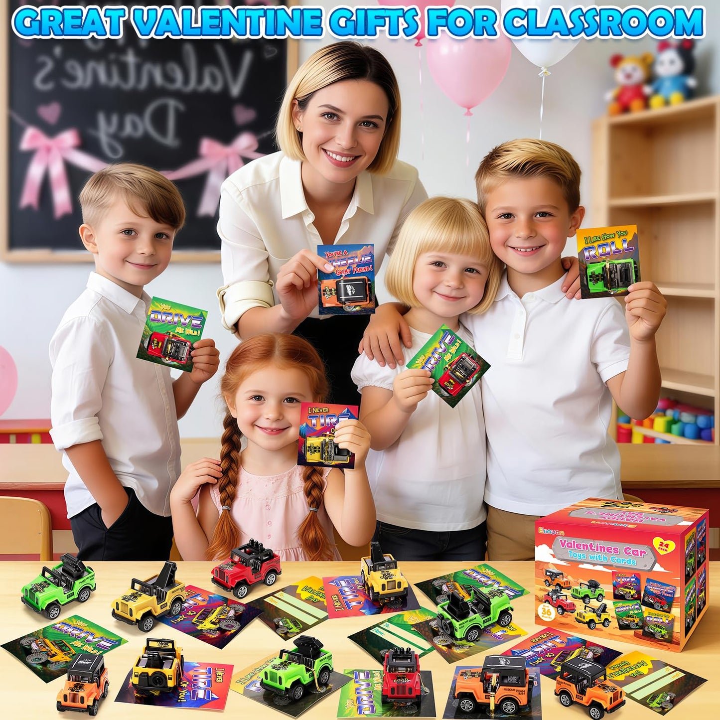 Ellinjan 24-Pack Valentines Cards with Pull-Back Cars – Classroom Gifts for Kids