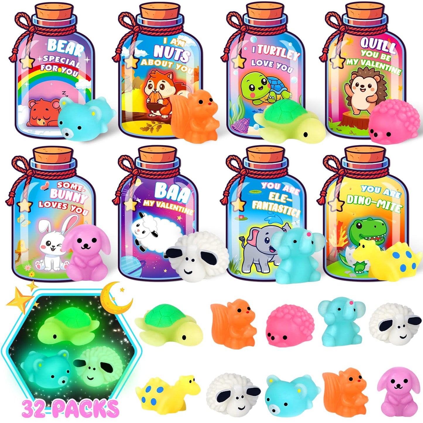 Ellinjan Valentines Day Classroom Gift Set – 32 Glow-in-the-Dark Squishy Toys & Cards