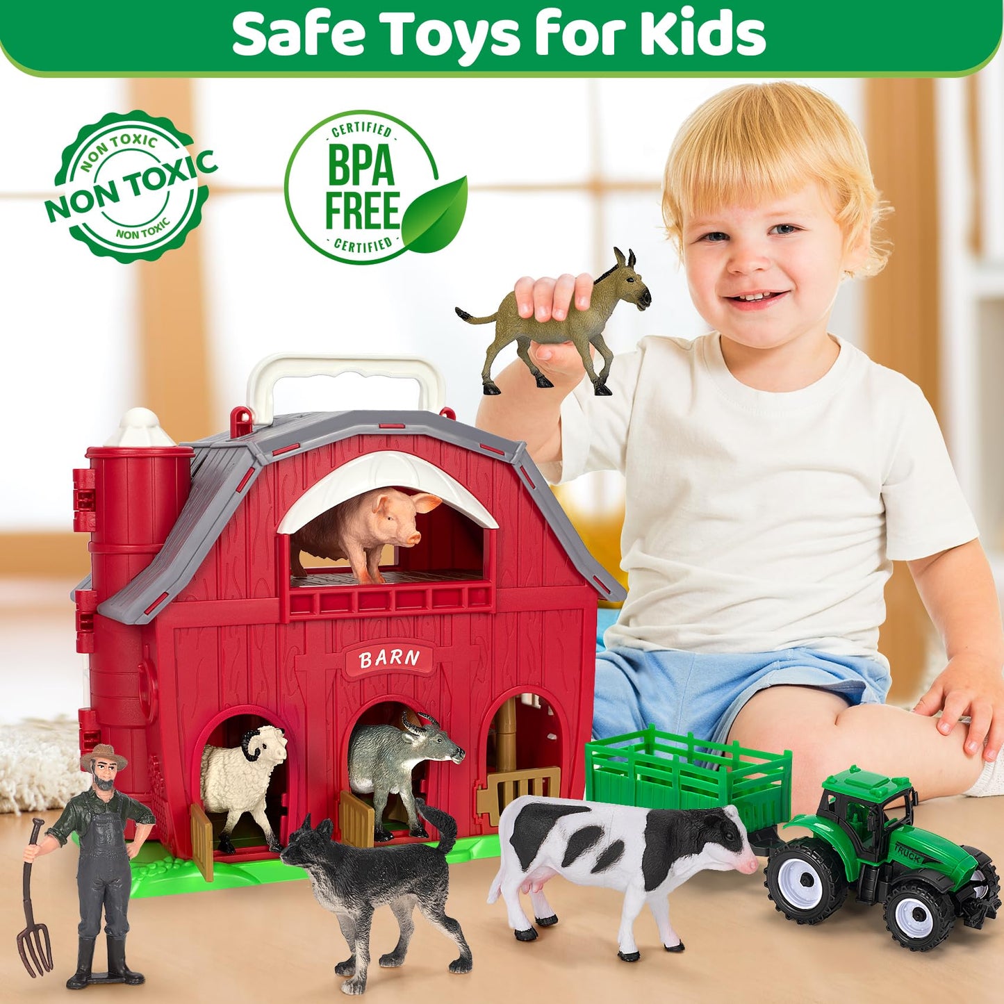 Ellinjan Farm Animals Toy Set – Big Red Barn Playset for 1-5 Year Olds | Educational & Durable